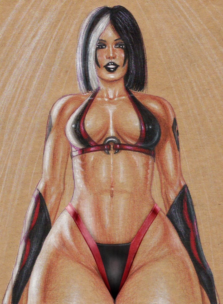 1girls, 2d, black hair, bra, breasts, clothed, clothed female, edithemad, elbow gloves, female, female only, lipstick, looking at viewer, medium breasts, mortal kombat, panties, sareena, short hair, solo