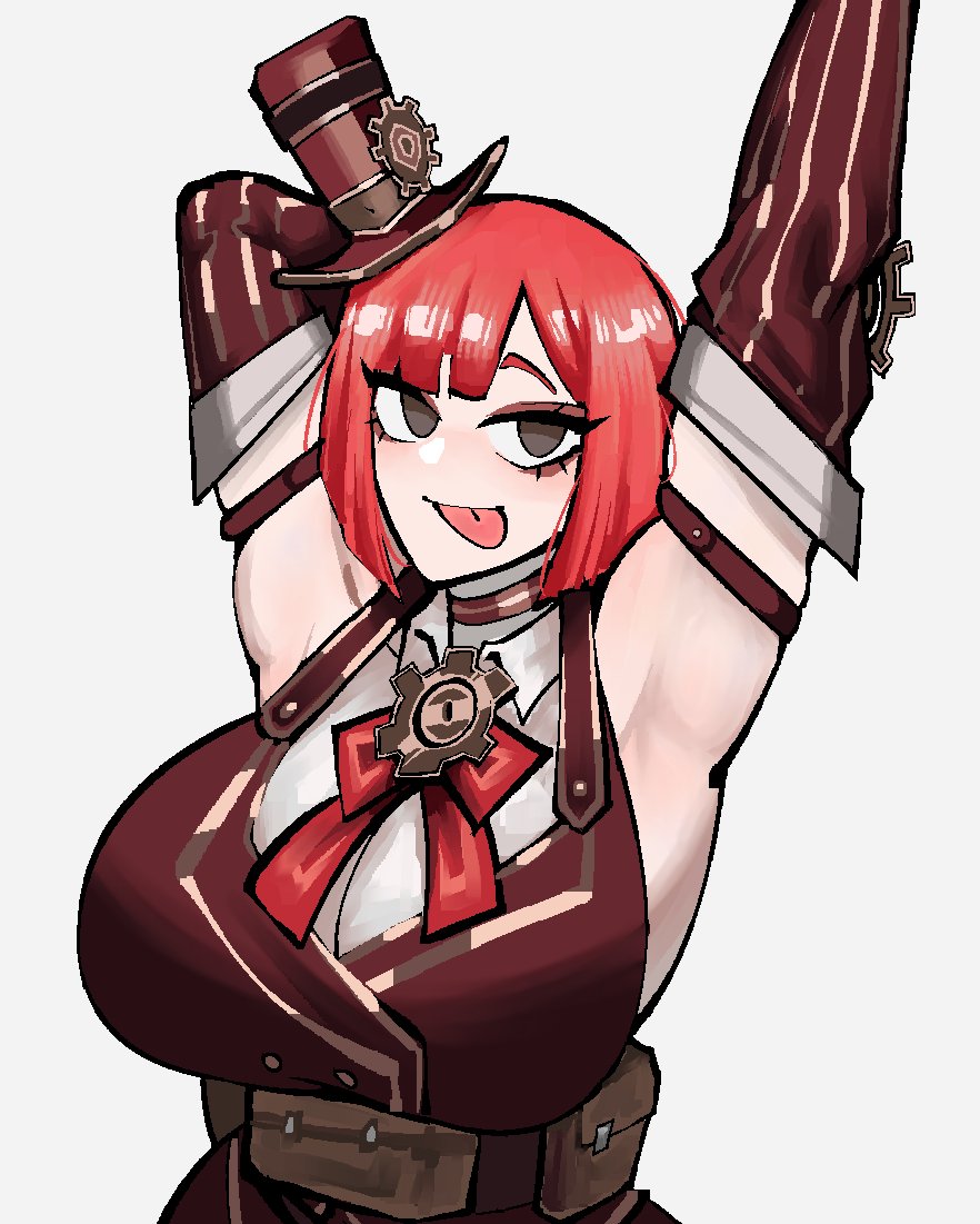 1girl, 1girls, 2d, 2d (artwork), armpit, armpit fetish, armpit focus, armpits, arms over head, arms raised, arms up, big boobs, big breasts, big tits, boob focus, boobs, boobs bigger than head, boobs focus, breast focus, breasts, breasts bigger than head, breasts focus, clothed, color, colored, distortion detective, eclipseecliptus, eyelashes, female, female focus, female only, gear, gears, hat, high resolution, highres, light skin, light-skinned female, pouches, project moon, raised arm, red hair, ribbon, sexy, sexy armpits, sexy body, sexy female, sexy pose, short hair, silly, silly face, simple background, small hat, solo, solo female, solo focus, tits, tits focus, tongue, tongue out, voluptuous, voluptuous body, voluptuous female, yuria (distortion detective)