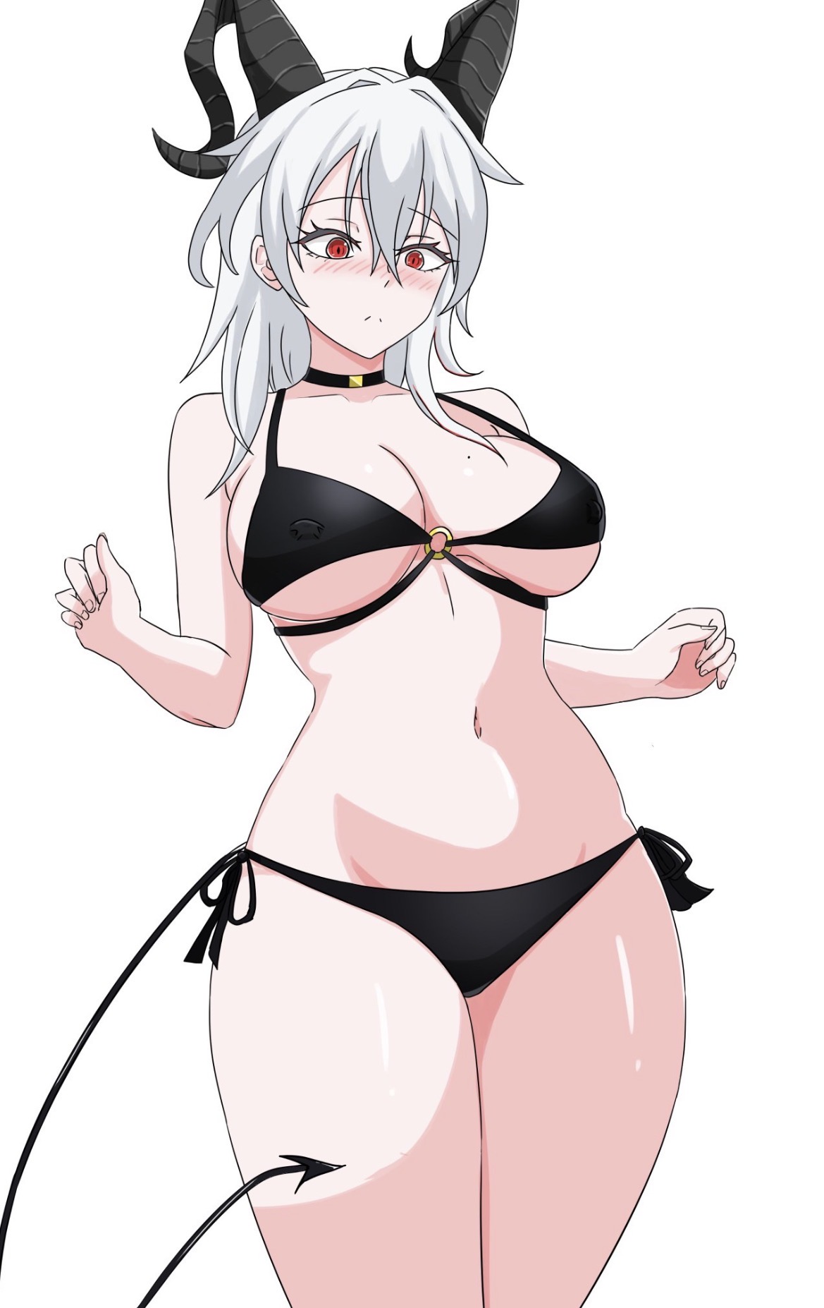 animal horns, animal tail, belly, belly button, big breasts, black bikini, busty, busty female, curves, curvy, curvy female, female, hair between eyes, shoulder length hair, standing, thick thighs, white hair, wide hips, wuthering waves, zani (wuthering waves)