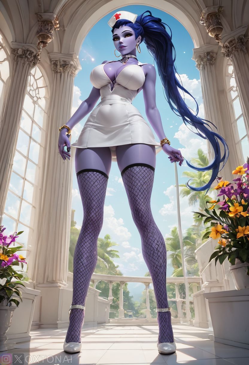 1girls ai_generated amelie_lacroix big_breasts breast female female_only fishnet_thighhighs long_hair nurse nurse_dress overwatch overwatch_2 oxtonai purple_hair purple_skin widowmaker