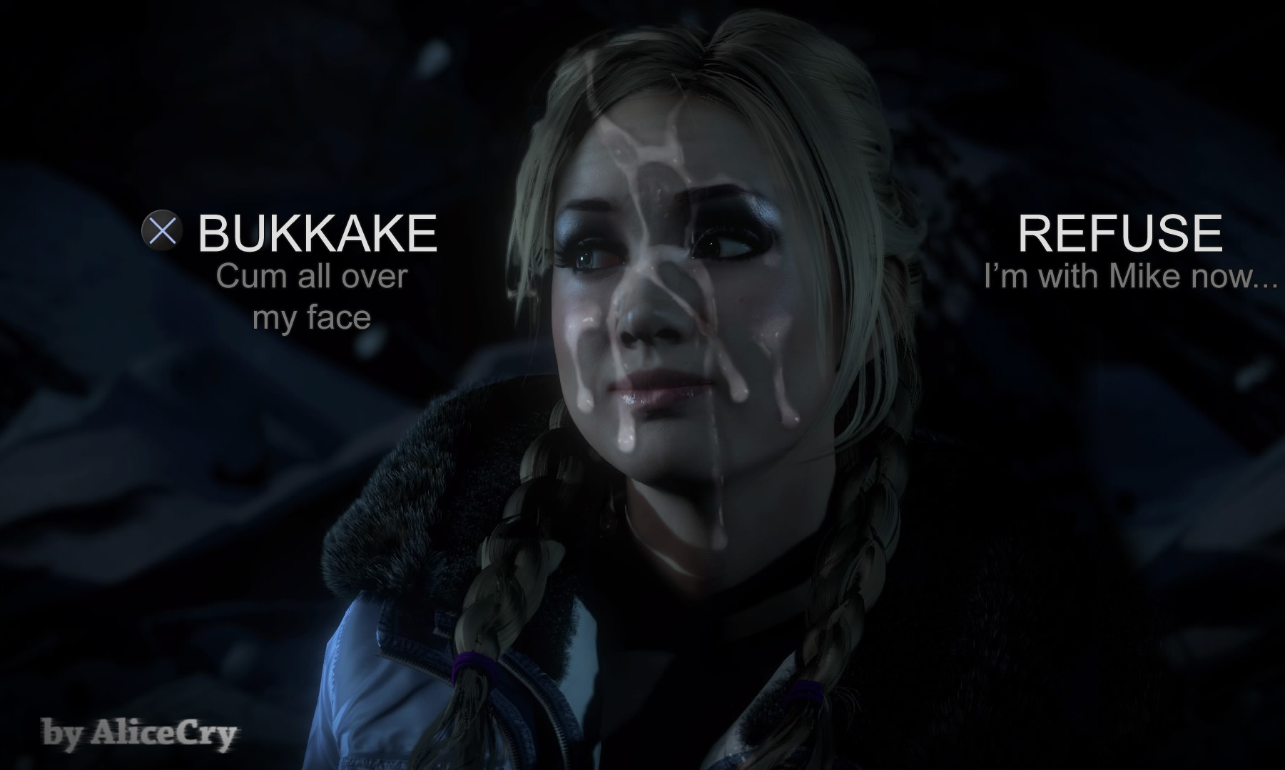 1girls, 3d, alicecry, blonde hair, bukkake, cum, cum on face, english text, female, female only, gameplay mechanics, jessica riley, solo, solo female, text, twin braids, until dawn