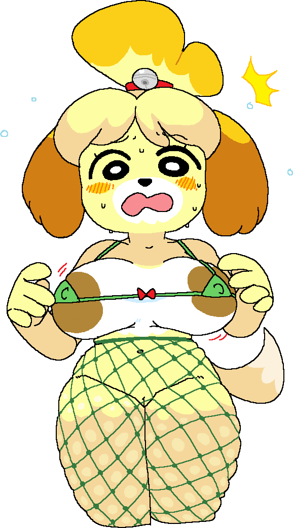 animal_crossing anthro anthrofied anthropomorphic areola areolae bell bell_collar blush bow bowtie bra breasts brown_nipples canine cassettedream collar dark_nipples doubutsu_no_mori dream-cassette edit fishnet fishnet_legwear fishnets green_bra hoshime isabelle_(animal_crossing) micro_bra mob_face navel nervous nintendo open_mouth red_bow red_bowtie shizue_(doubutsu_no_mori) simple_eyes skindentation tail vagina yellow_dog yellow_fur