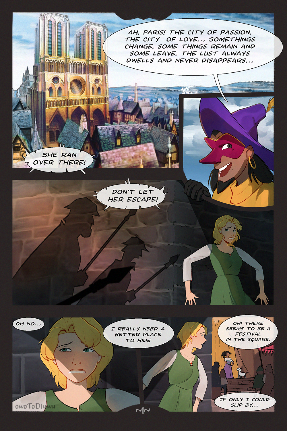 1girls blonde_hair comic comic_page concerned dark-skinned_futanari disney english_text goat guards hiding implied_futanari light-skinned_female madellaine owotodiuwu running safe safe_for_work the_hunchback_of_notre_dame