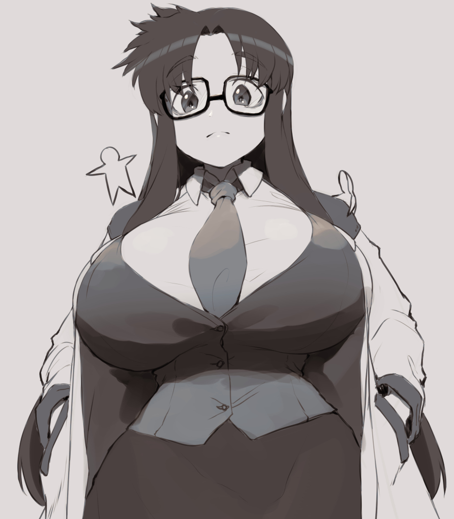 alternate_breast_size breasts buttons closed_mouth coat collared_shirt dress_shirt female glasses hands_in_pockets huge_breasts impossible_clothes impossible_shirt impossible_vest long_hair long_sleeves looking_at_viewer magister messy_hair monochrome necktie open_clothes open_coat paper paper_doll parted_bangs read_or_die rectangular_eyewear shirt skirt solo vest waistcoat wing_collar yomiko_readman