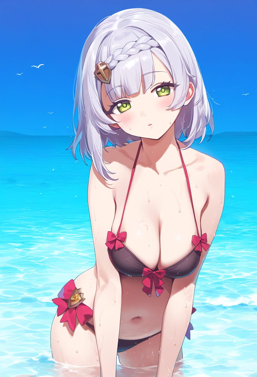 1girls, 2024, ai generated, alternate costume, belly button, big breasts, bikini, bikini bottom, bikini top, black bikini, black bikini bottom, black bikini top, black swimsuit, blush, bra, breasts, cleavage, crowna77, cute, day, female, female only, front view, genshin impact, green eyes, grey hair, light skin, light-skinned female, looking at viewer, navel, noelle (genshin impact), ocean, outdoors, pointy chin, revealing swimsuit, short hair, sky, slim female, solo, standing in water, summer, swimsuit, thong, thong bikini, two piece swimsuit, water, wet, wet body, young, younger female