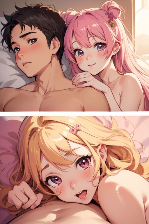 ai_generated anime_style blonde_hair boyfriend-girlfriend breasts cuddling cute cute_boy cute_girl cute_male female female_focus female_only nipples pink_hair solo solo_female