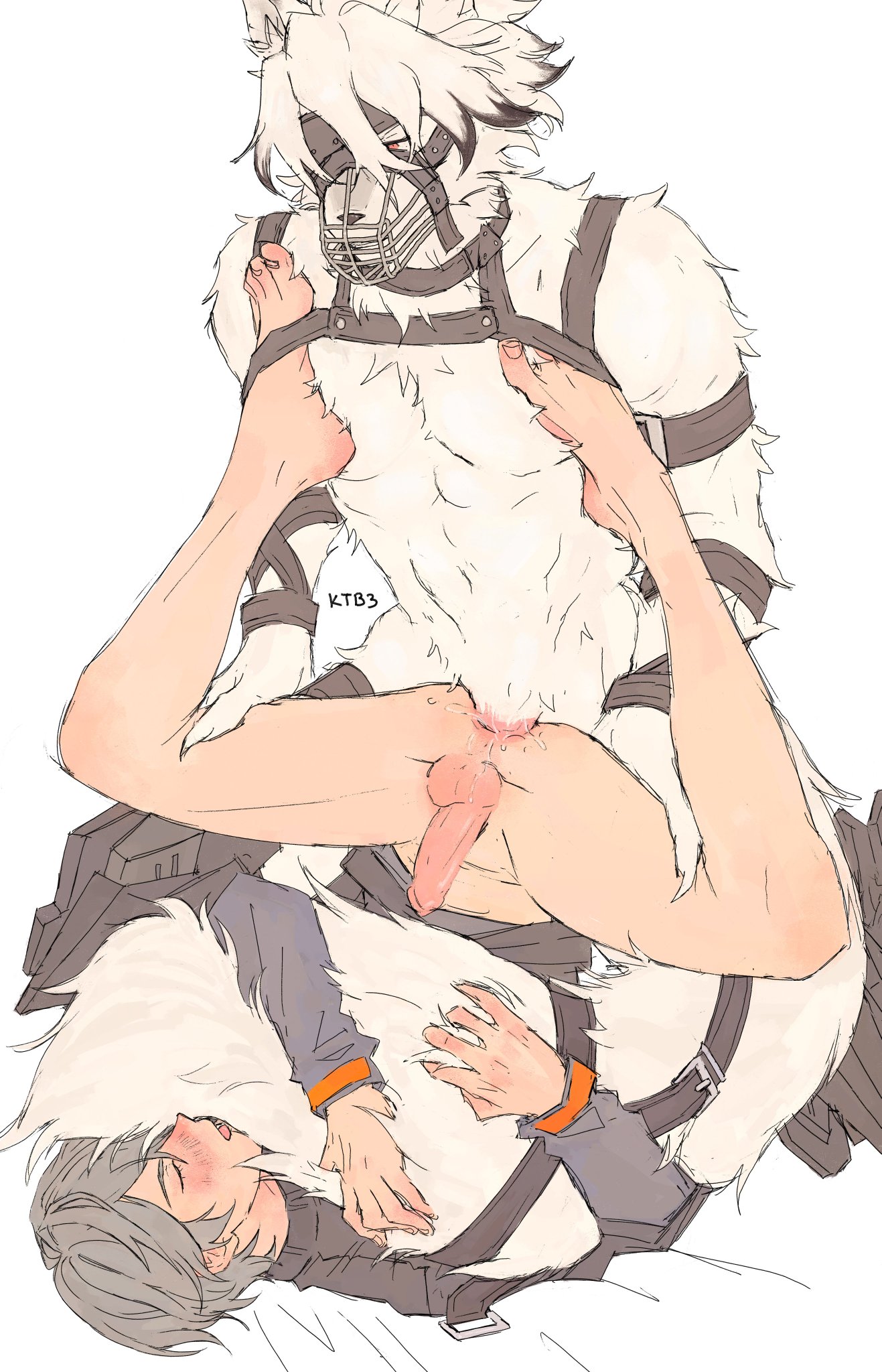 2boys, abs, anal, anal sex, anthro, ass, balls, blush, boner, canid, canine, canis, erection, fur, gay, human, legs up, male, male focus, male only, male penetrated, male penetrating, male penetrating male, male/male, mammal, muscular, muscular anthro, muscular male, muzzle (object), nude, pecs, penis, penis in ass, spread legs, tail, von lycaon, white body, white fur, wise (zenless zone zero), wolf, yaoi, zenless zone zero