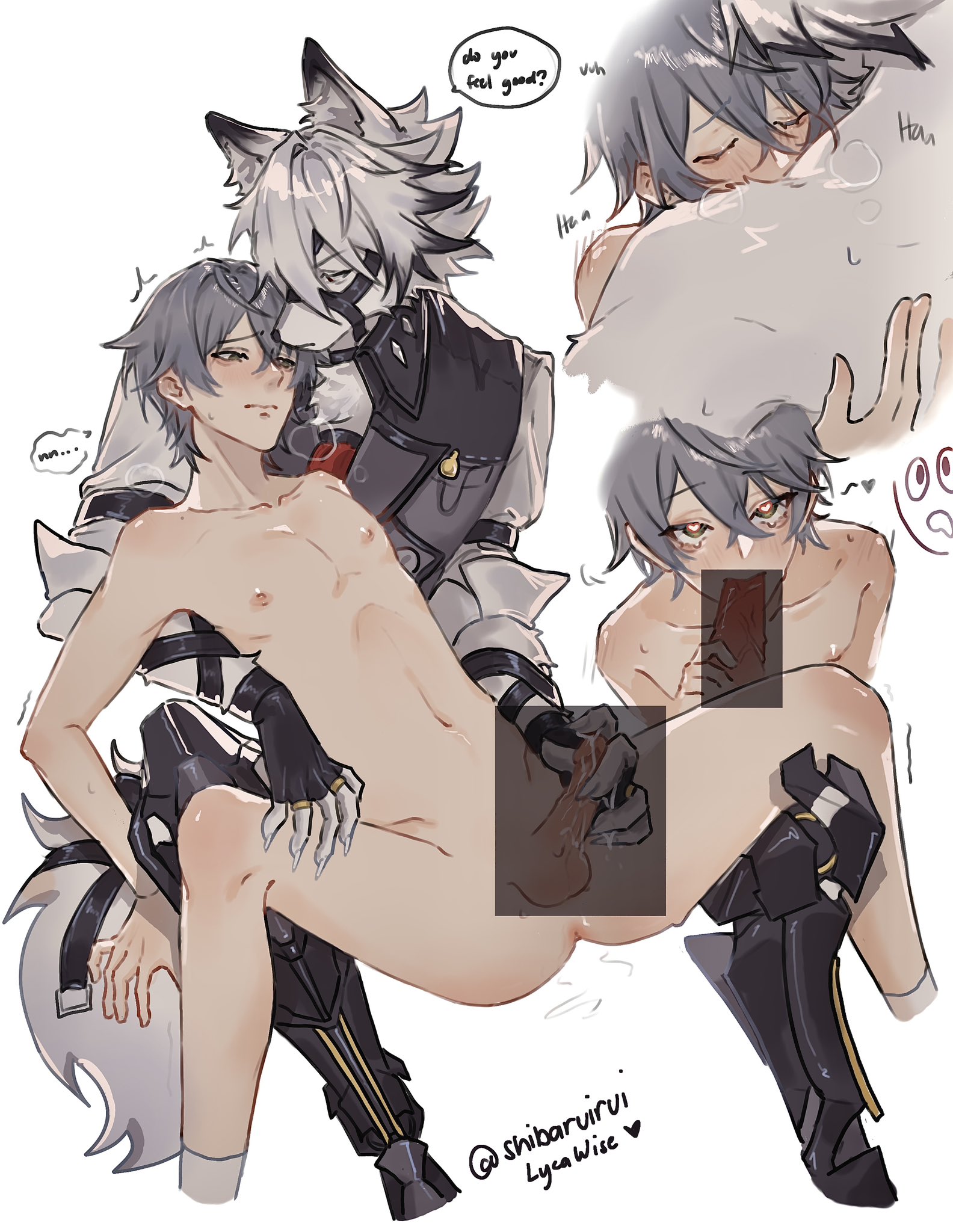 anthro, boner, canid, canine, canis, clothing, cum, erect penis, erection, fur, gay, handjob, heart-shaped pupils, hug, human, male, male focus, male only, nude, nude male, oral, oral sex, penis, shibaruirui, skinny, skinny male, small penis, spread legs, sucking penis, tail, von lycaon, white body, white fur, wise (zenless zone zero), wolf, yaoi, zenless zone zero