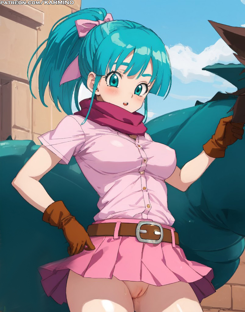 ai_generated aqua_eyes aqua_hair bangs belt blue_eyes blue_sky blush bow breasts brown_belt brown_gloves bulma_briefs cleft_of_venus clothing cloud day dragon_ball dragon_ball_(classic) female female_only gloves hair_ornament hairbow jewelry long_hair looking_at_viewer medium_breasts miniskirt nopan open_mouth outdoors paipan pink_bow pink_shirt pink_skirt pleated_skirt ponytail ribbon scarf shirt short_sleeves skirt sky solo solo_focus standing thighs tied_hair vagina