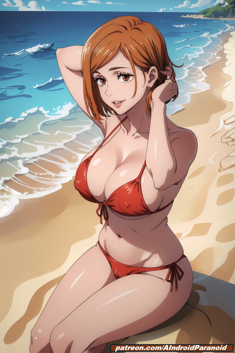 1girls, ai generated, aindroidparanoid, ass, beach, big ass, big breasts, big butt, bikini, breasts, cleavage, female, female only, ginger, hips, huge ass, huge breasts, huge butt, human, jujutsu kaisen, kugisaki nobara, large ass, large breasts, large butt, narrow waist, nipples, ocean, orange eyes, orange hair, sand, seaside, short hair, solo, stable diffusion, tight clothing, waist, wide hips