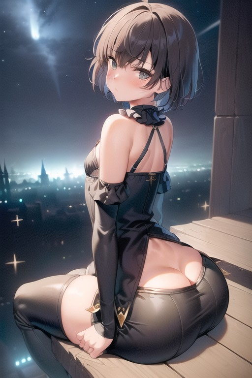 ai_generated bare_shoulders big_ass black_clothing black_legwear blush blush butt_cleavage city_background femboy from_behind ledge looking_back male male_only night night_sky sitting thick_thighs thigh_highs thighhighs