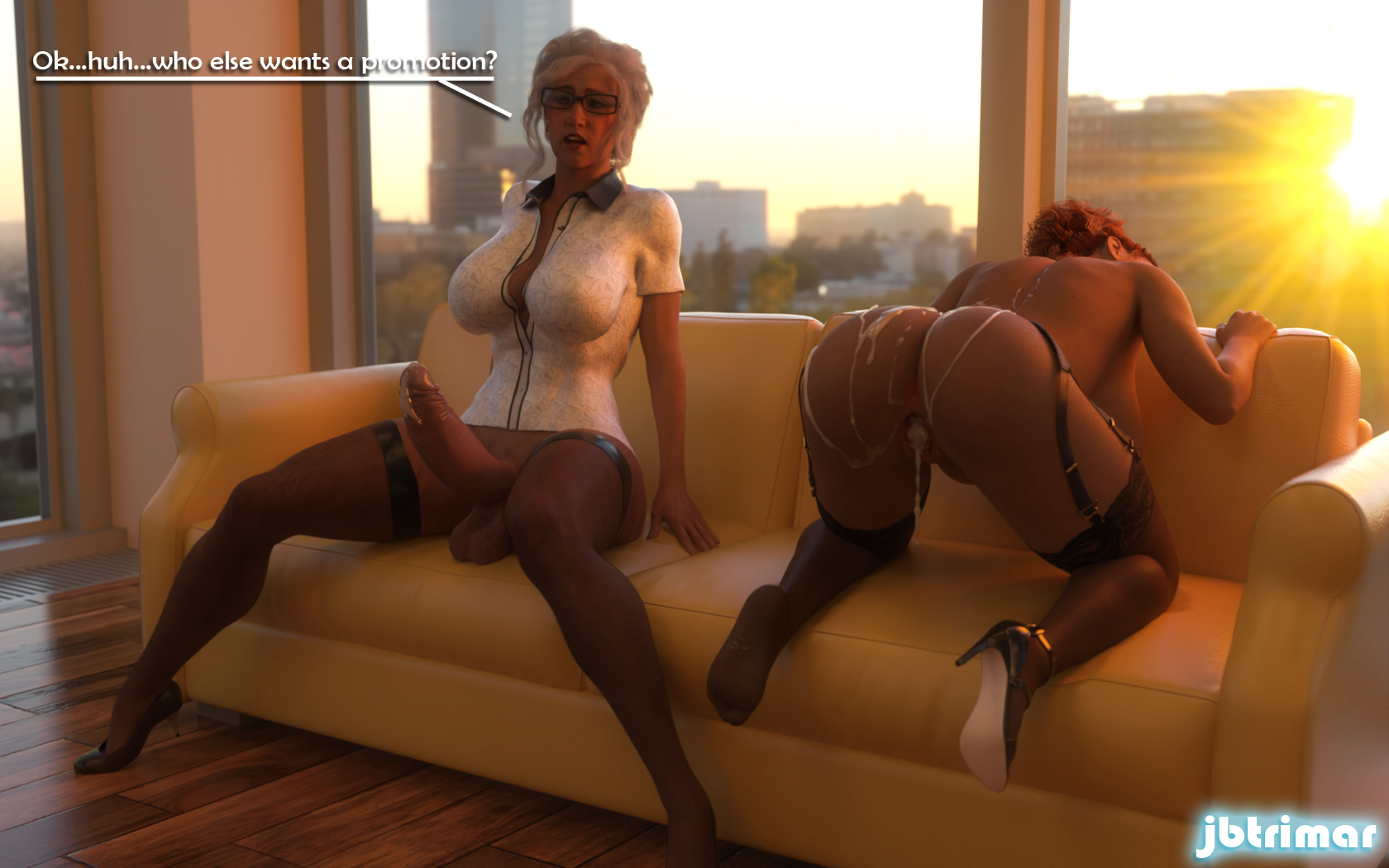 1futa, 1girls, 3d, after sex, after vaginal, ass, balls, bent over, big ass, big breasts, big penis, black stockings, boss (supervisor), boss and subordinate, bottomless, bottomless futa, breasts, cleavage, couch, couch sex, creampie, cum, cum in pussy, cum inside, cum leaking, cum leaking out of pussy, cum on ass, dialogue, duo, employee, english text, erection, female, full-package futa, futa on female, futa/female, futanari, garter belt, garter straps, glasses, high heels, human, human only, intersex, jbtrimar, kneeling, large breasts, leaking cum, light skin, light-skinned female, light-skinned futa, lingerie, nakadashi, nude, nude female, original character, penis, pussy, redhead, redhead female, sex at work, stockings, testicles