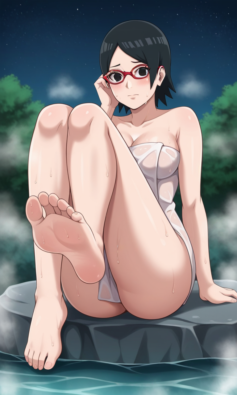 ai_generated barefoot bigmic145 black_eyes black_hair boruto:_naruto_next_generations breasts cleavage clothed clothed_female clothing feet female female_only foot_fetish glasses medium_breasts naked_towel naruto naruto_(series) sarada_uchiha shorts solo solo_female