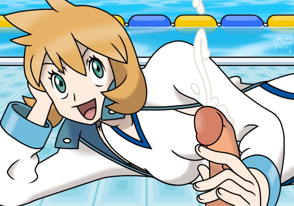 2018 artist_signature cum erection faceless_male green_eyes gym_leader handjob human human_only jacket kasumi_(pokemon) laying_on_side long_sleeves loose_sleeves messy_hair misty_(pokemon) misty_(pokemon_hgss) nintendo one-piece_swimsuit open_mouth orange_hair penis pokemon pokemon_hgss pool_float popped_collar ragnar_oktopod source_request surprised swimming_pool tile_floor touching_penis white_jacket white_swimsuit