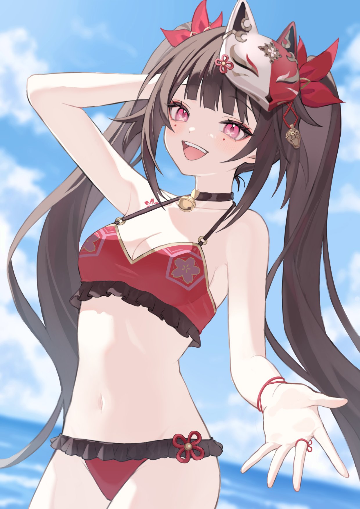 1girls 2d 2d_(artwork) alternate_costume arm_behind_head artist_request belly_button bikini bikini_bottom bikini_top brown_hair clouds day female female_focus female_only fox_mask front_view high_resolution highres honkai:_star_rail honkai_(series) long_hair looking_at_viewer marking_below_eyes mask mask_on_head medium_breasts navel ocean outdoors pigtails pink_eyes red_bikini red_bikini_bottom red_bikini_top red_swimsuit sky slim_girl smiling smiling_at_viewer solo solo_female solo_focus sparkle_(honkai:_star_rail) standing summer swimsuit two_piece_swimsuit water young younger_female