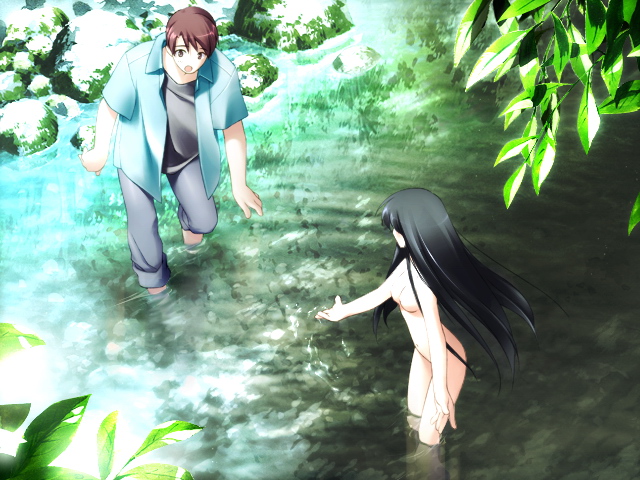 1boy black_hair female game_cg gayarou makino_nanami nude outside skinny_dipping suigetsu wading water