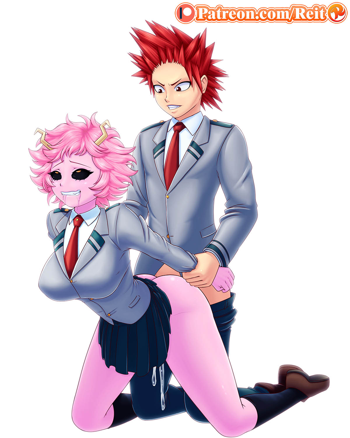 1boy, 1girls, arms behind back, ashido mina, black sclera, boku no hero academia, clenched teeth, clothed sex, clothing, cum, cum inside, doggy style, drooling, eijirou kirishima, female, from behind, fucked silly, hair, kirishima eijirou, male, mina ashido, monster girl, my hero academia, penetration, pink hair, pink-haired female, red, red hair, red-haired male, reit, restrained, rolling eyes, schoolgirl, sex, short hair, straight
