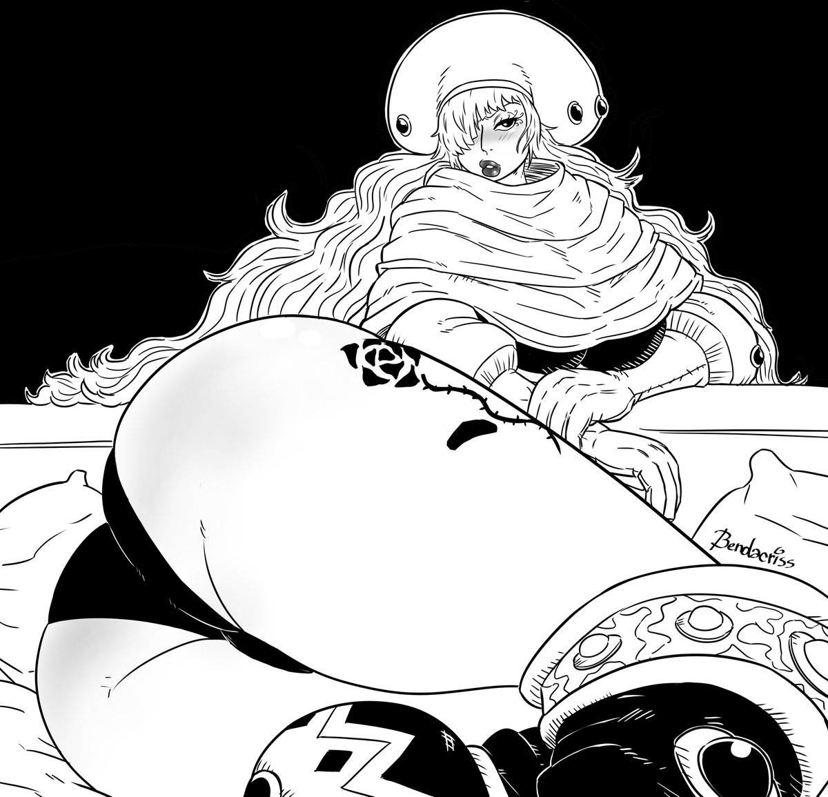 ass, ass focus, bendacriss, black and white, blush, charlotte smoothie, female, female only, large ass, looking back, one piece, thick thighs
