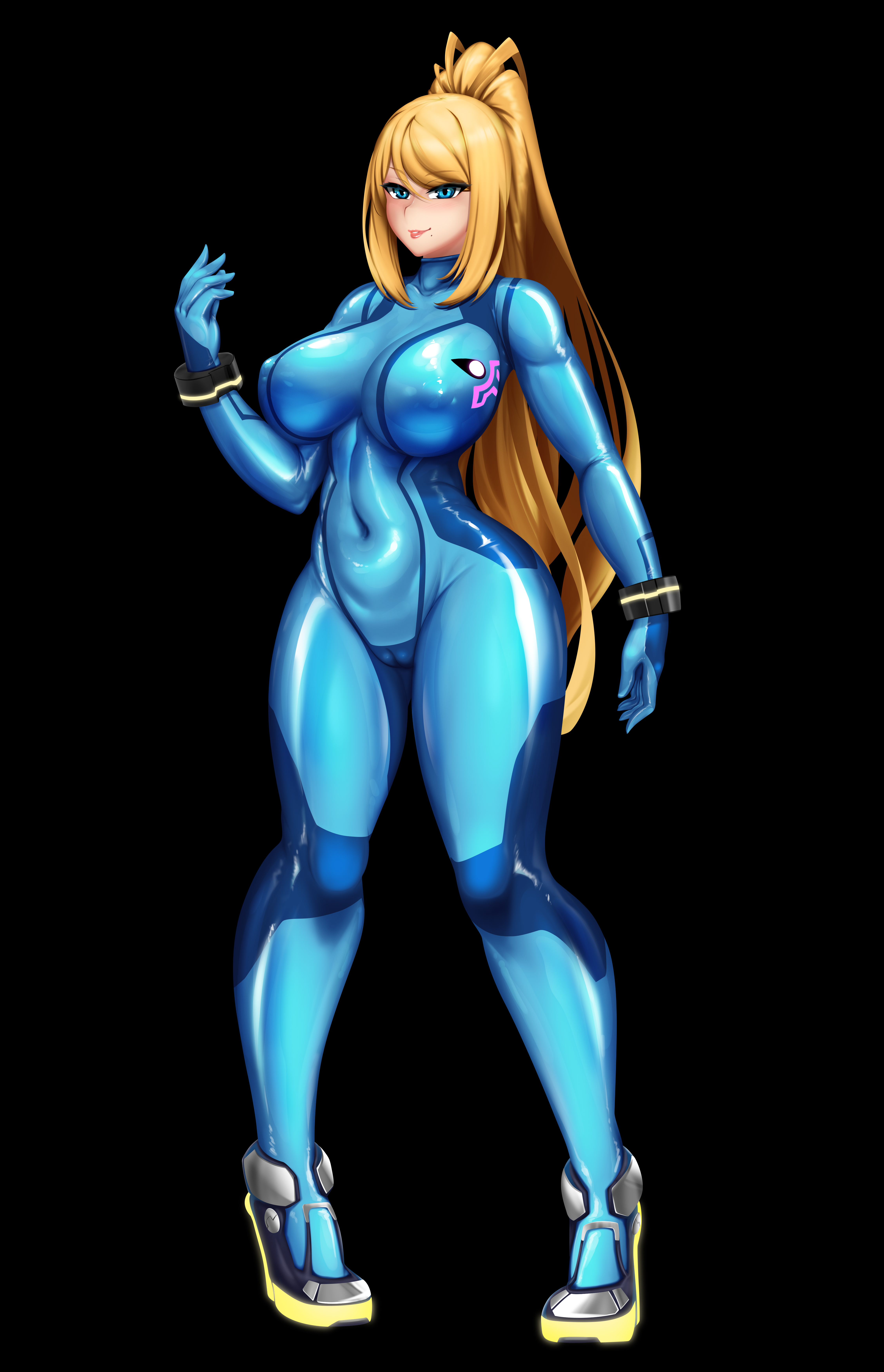 black background, blonde hair, blue clothing, blue eyes, bodysuit, cameltoe, female, female only, fully clothed, high heels, metroid, pussy, rikatsuky, samus aran, shiny clothes, simple background, tight clothing, zero suit, zero suit samus
