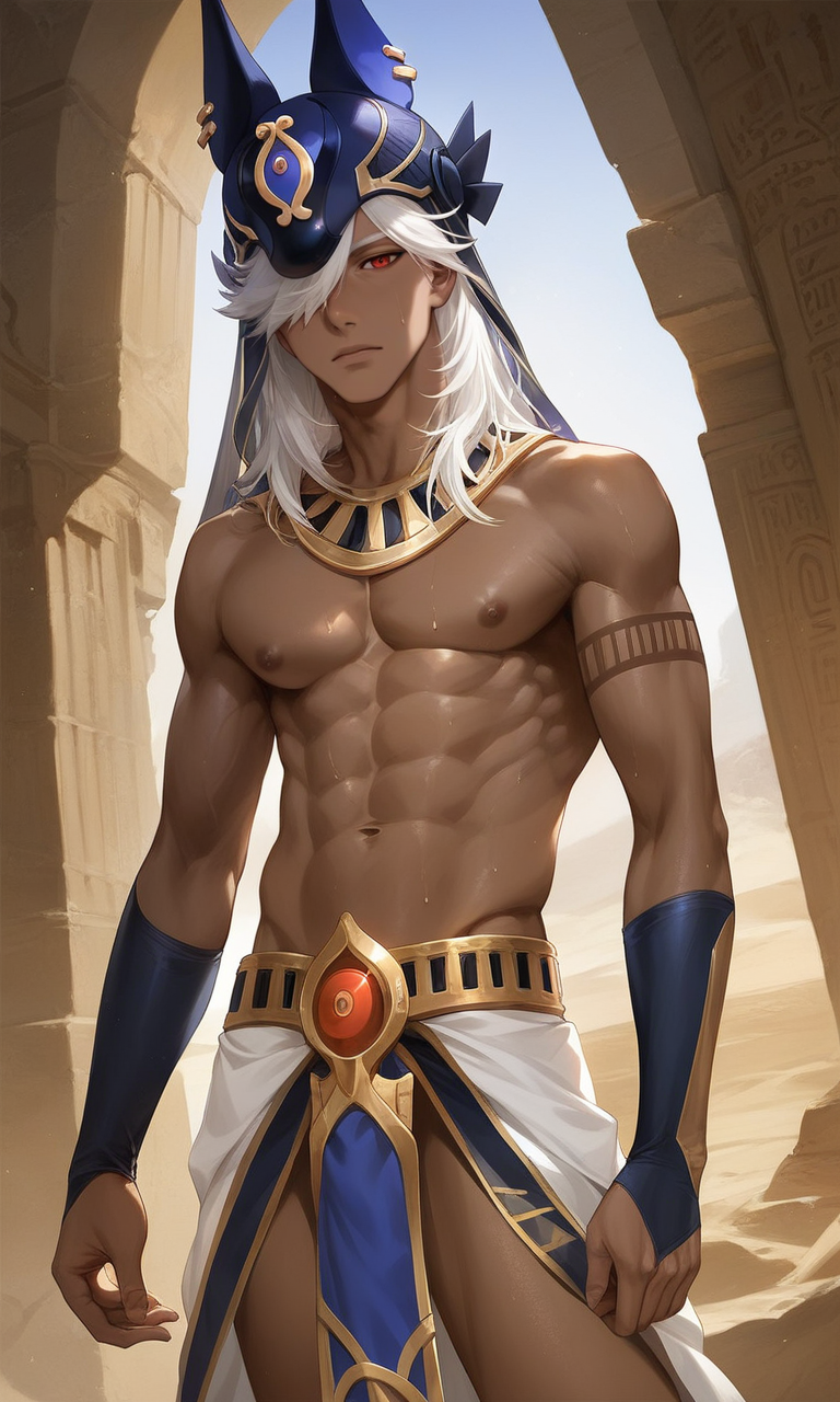 1boy abs ai_generated cyno_(genshin_impact) dark-skinned_male dark_skin desert dvxxxgrai egyptian_clothes genshin_impact long_hair male_only navel nipples pecs pixai pony_diffusion_xl solo solo_male sweat white_hair