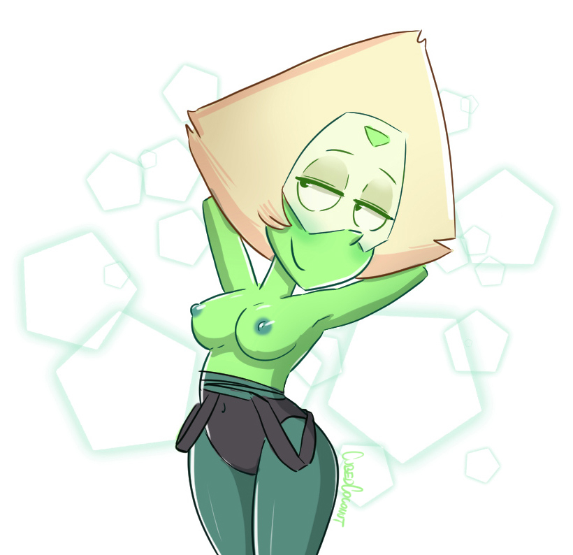 1girls, 2017, bedroom eyes, breasts, cubedcoconut, curvy, exposed breasts, female, female only, forehead gem, former antagonist, gem (species), green skin, half-closed eyes, happy female, large breasts, partially clothed, peridot (steven universe), raised eyebrows, smile, solo, standing, steven universe, topless, villainess, white background, wide hips, yellow hair