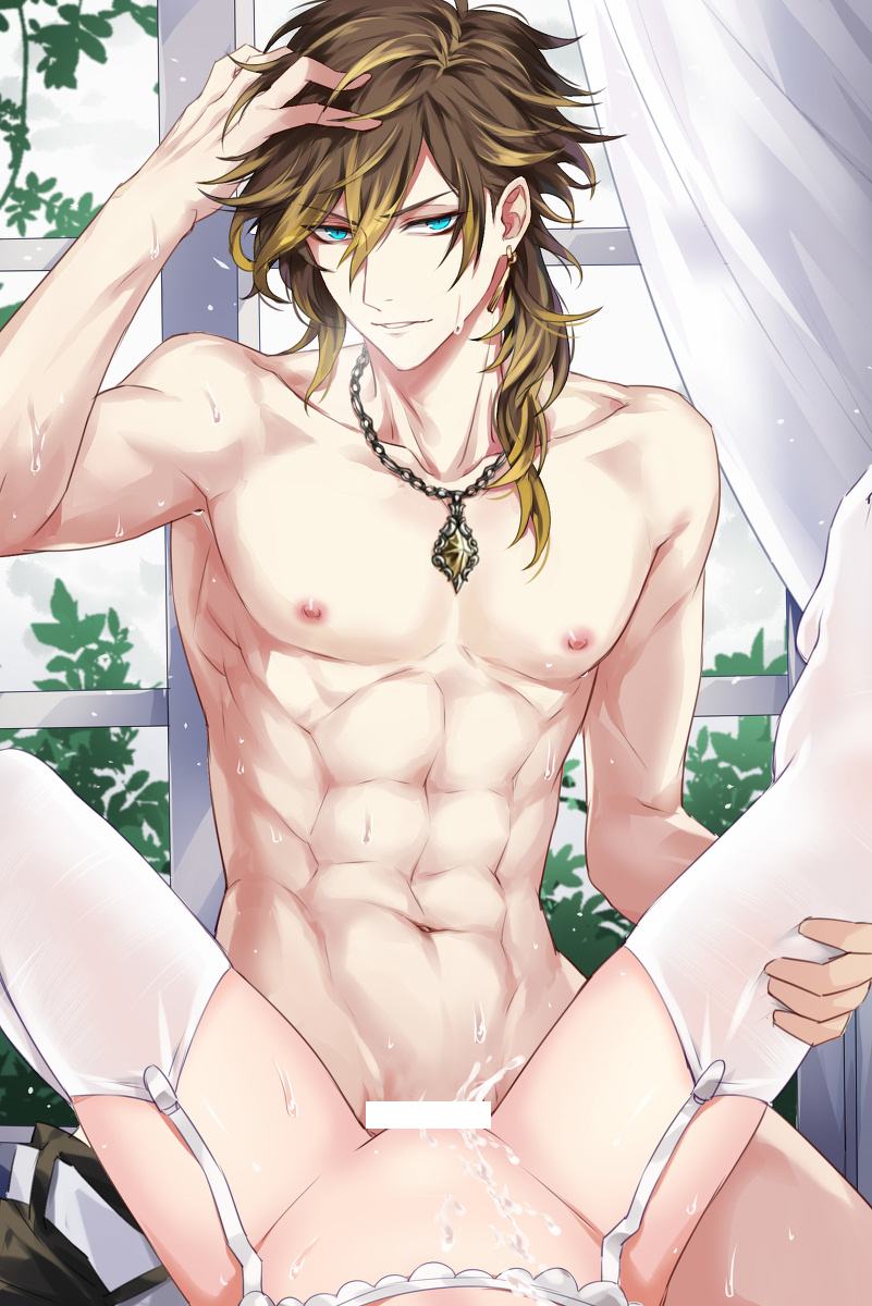 1boy 1girls abs alternate_version_available bar_censor bishounen black_star_-theater_starless- blue_eyes censored devil_heavens earrings female female_pov garter_belt garter_straps hand_in_own_hair highres jewelry kei_(black_star) long_hair male male_focus missionary necklace nipples partial_female pectorals pov pov_crotch serratus_anterior sex straight sweat taker_pov unseen_female_face vaginal_penetration