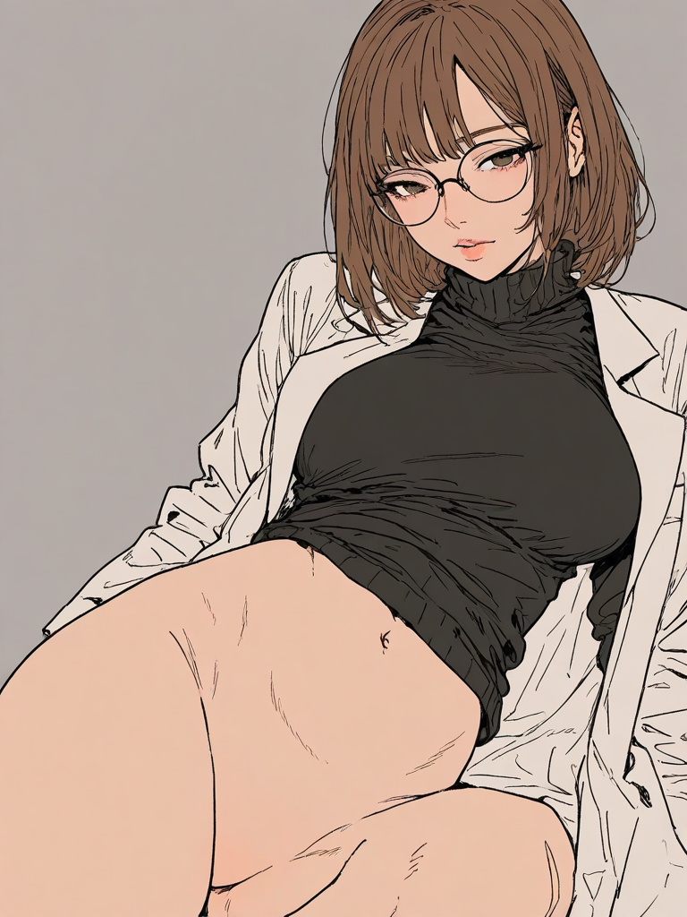 1girls ai_generated black_turtleneck bottomless brown_hair glasses kosine1777 kosineverse labcoat large_breasts lily_(kosine1777) nerd nerdy_female original original_character pussy round_glasses scientist short_brown_hair short_hair turtleneck turtleneck_sweater