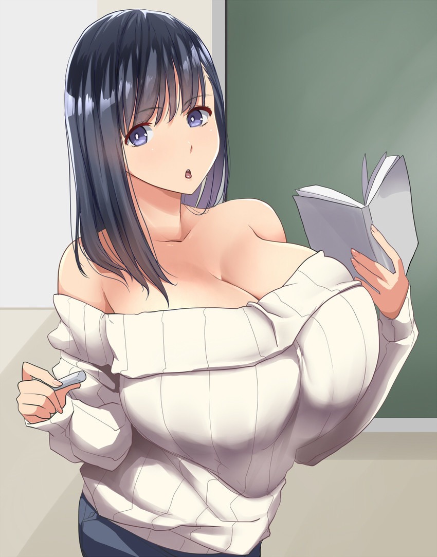 1girls 5_fingers bare_shoulders big_breasts black_hair blue_eyes blue_hair book breasts chalk cleavage eyelashes female female_only huge_breasts human kloah large_breasts looking_at_viewer open_mouth purple_eyes reading shirt solo solo_female standing sweater teacher tongue voluptuous