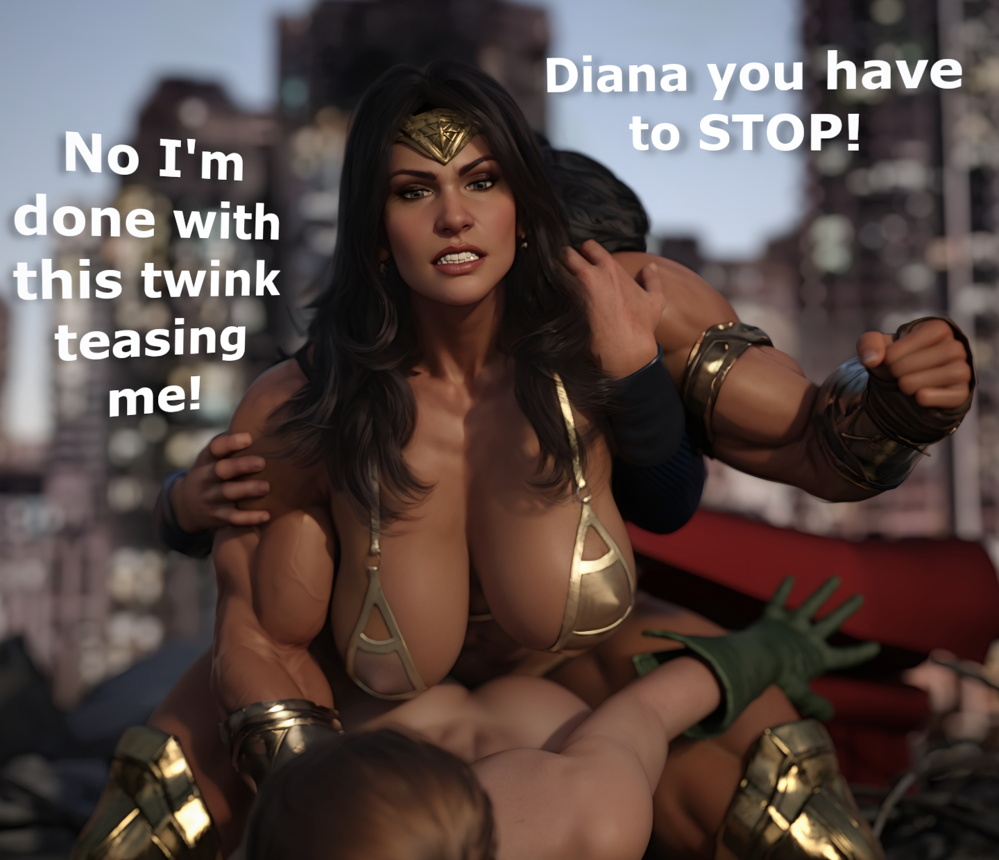 3d, 3d (artwork), alternate costume, alternate outfit, anal, anal sex, bikini, bikini armor, bikini top, breasts, dark hair, dc, dc comics, diana prince, dick grayson, doggy style, forced, futa on male, futanari, hdregrets, intersex, large breasts, long hair, male, muscular, muscular futa, public, public sex, restrained, robin (dc), robin (dick grayson), rough sex, superheroine, superman, superman (series), text, wonder woman, wonder woman (series)