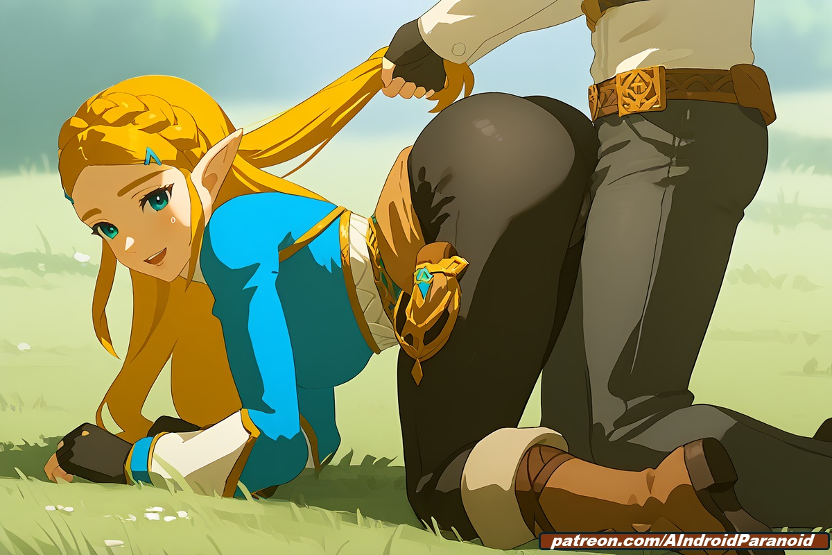 ai generated, aindroidparanoid, ass, blonde hair, breasts, breath of the wild, cameltoe, crawling, doggy, doggy style, female, forest, grabbing hair, grass, green eyes, hands on floor, holding hair, hourglass figure, huge ass, huge breasts, huge butt, kneeling, long hair, male, narrow waist, outdoors, penetration, penis, princess zelda, pussy, sex, sex from behind, stable diffusion, the legend of zelda, zelda (breath of the wild)