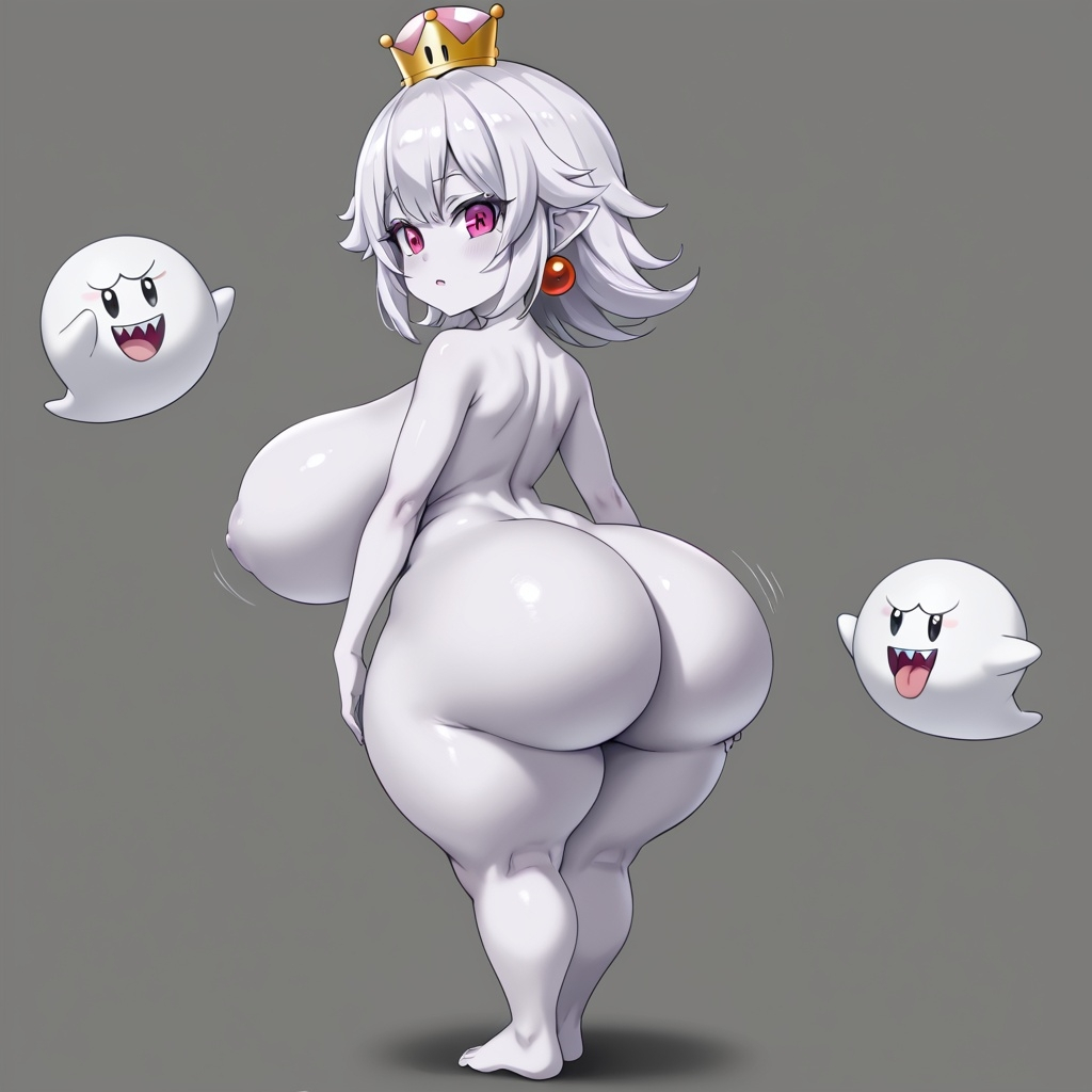 1girls ai_generated big_ass big_breasts boosette crown ghost ghost_girl humanoid looking_back mario_(series) nude nude_female purple_eyes shortstack white_body white_hair white_skin wide_hips