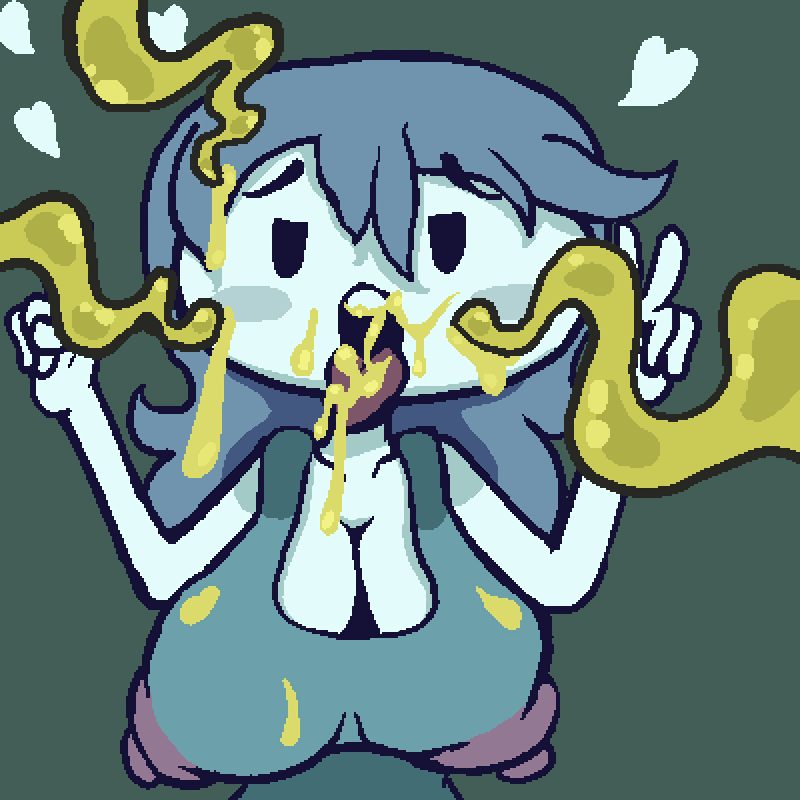 ahe_gao areolae areolae_visible_through_clothing blue_hair cum cum_in_mouth cute ghost ghost_girl green_cum green_fluid low_res lowres medium_breasts pale_skin peace_sign precum sassy_dolly simple_background spooky's_house_of_jump_scares spooky's_jump_scare_mansion spooky_(shojs) sticking_out_tongue tentacle tentacle tentacle_cum tits_out young