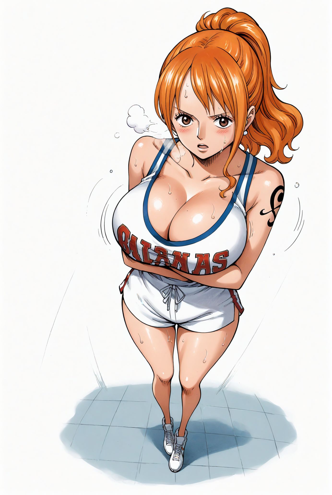 ai_generated alluring almost_naked almost_nude basketball basketball_shorts basketball_uniform big_breasts blush breasts brown_eyes female female_only long_hair looking_at_viewer nami nami_(one_piece) one_piece orange_hair ponytail post-timeskip seducing seduction seductive seductive_body seductive_eyes seductive_gaze seductive_look seductive_mouth seductive_pose shiny_hair shiny_skin sweat sweatdrop sweating sweaty sweaty_body voluptuous voluptuous_female yashin