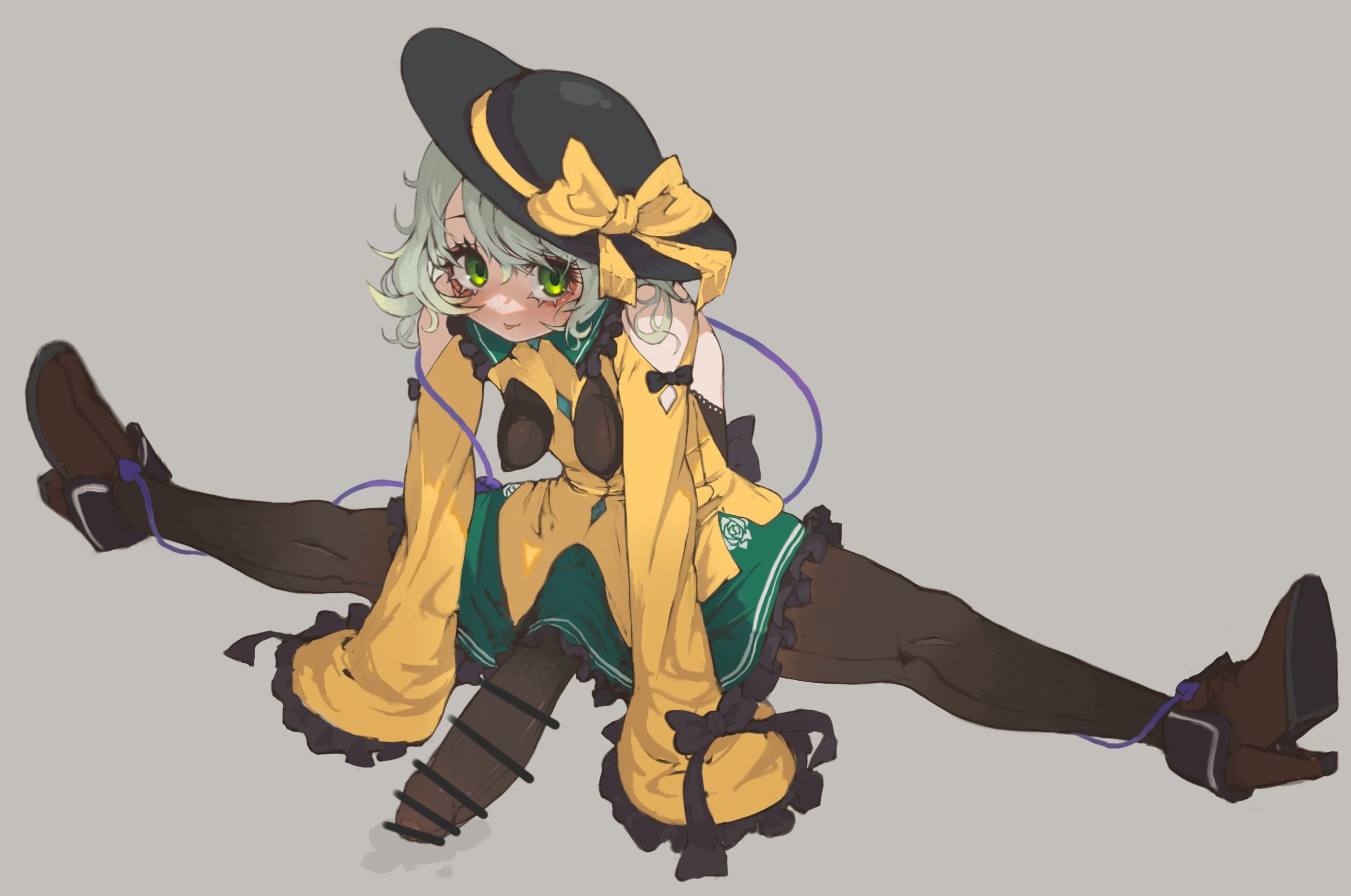 1futa, bar censor, big penis, black pantyhose, blush, blushing, breasts, censored, clothed, clothing, erection, erection under clothes, erection under pantyhose, foreskin, futa only, futanari, green eyes, green hair, hat, heels, huge cock, human, intersex, koishi komeiji, large penis, light skin, light-skinned futa, long penis, mostly clothed, pale skin, pale-skinned futa, pantyhose, partially retracted foreskin, penis, retracted foreskin, rustycork, sitting, solo, splits, touhou, uncircumcised, uncut