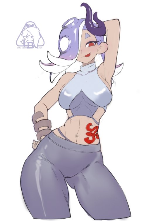 1girls 2024 alternate_costume arm_on_hip arms_behind_head artist_name bell-bottoms black_eyelashes bracelet clothed clothing crop_top digital_drawing_(artwork) digital_media_(artwork) female female_only grand_festival_(splatfest) grey_eyebrows grey_hair grey_pants hair_over_eye hair_over_one_eye headgear headwear hi_res light-skinned_female light_body light_skin little_blood looking_at_viewer marine marine_humanoid medium_hair mollusk mollusk_humanoid nintendo octarian_tattoo official_alternate_costume pose posing red_eyes red_tattoo shiver_(grand_festival) shiver_(splatoon) shiver_hohojiro splatfest splatoon splatoon_(series) splatoon_3 tattoo team_future_(splatfest) tentacle tentacle_hair tongue tongue_out white_crop_top