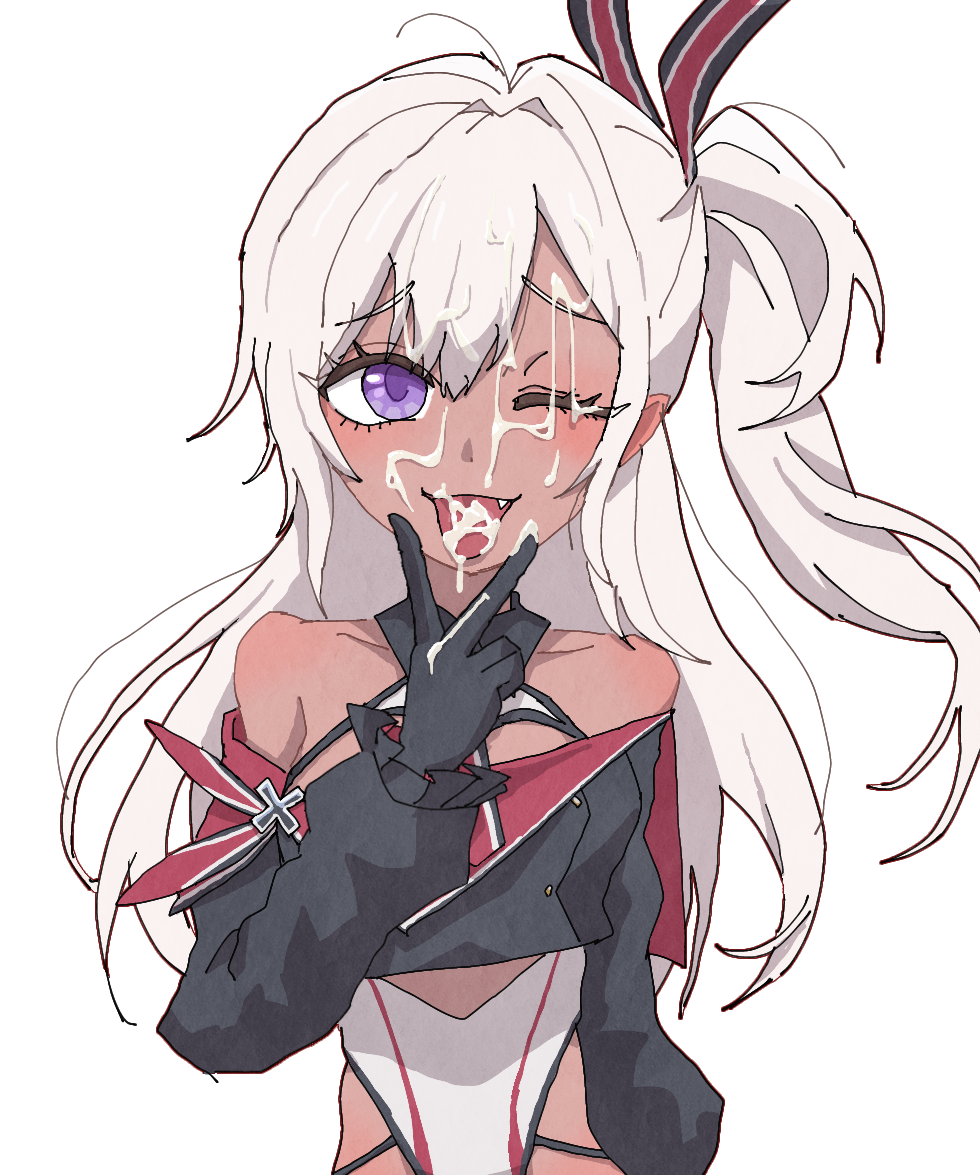 azur_lane bare_shoulders black_ribbon camave crop_top cross cum cum_in_mouth cum_on_eye cunnilingus_gesture dark-skinned_female dark_skin facial female hair_intakes hair_ribbon hand_up iron_cross long_hair looking_at_viewer oerba_yun_fang one-piece_swimsuit one_eye_closed one_side_up purple_eyes red_ribbon ribbon simple_background solo swimsuit tongue tongue_out two-tone_ribbon u-31_(azur_lane) upper_body v v_over_mouth white_background white_hair white_one-piece_swimsuit