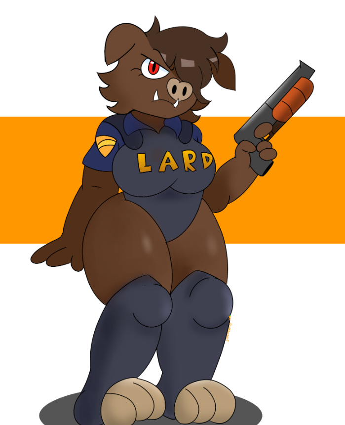 3d_realms anthro apogee big_breasts big_waist brown_body brown_fur duke_nukem_(series) furry furry_female furry_only furry_thighs gearbox_software genderswap_(mtf) gun laranxart pig pig_cop police police_uniform policewoman red_eyes rule_63 safe self_upload short_hair shotgun simple_background solo thicc_thighs thick_legs thick_thighs thighs