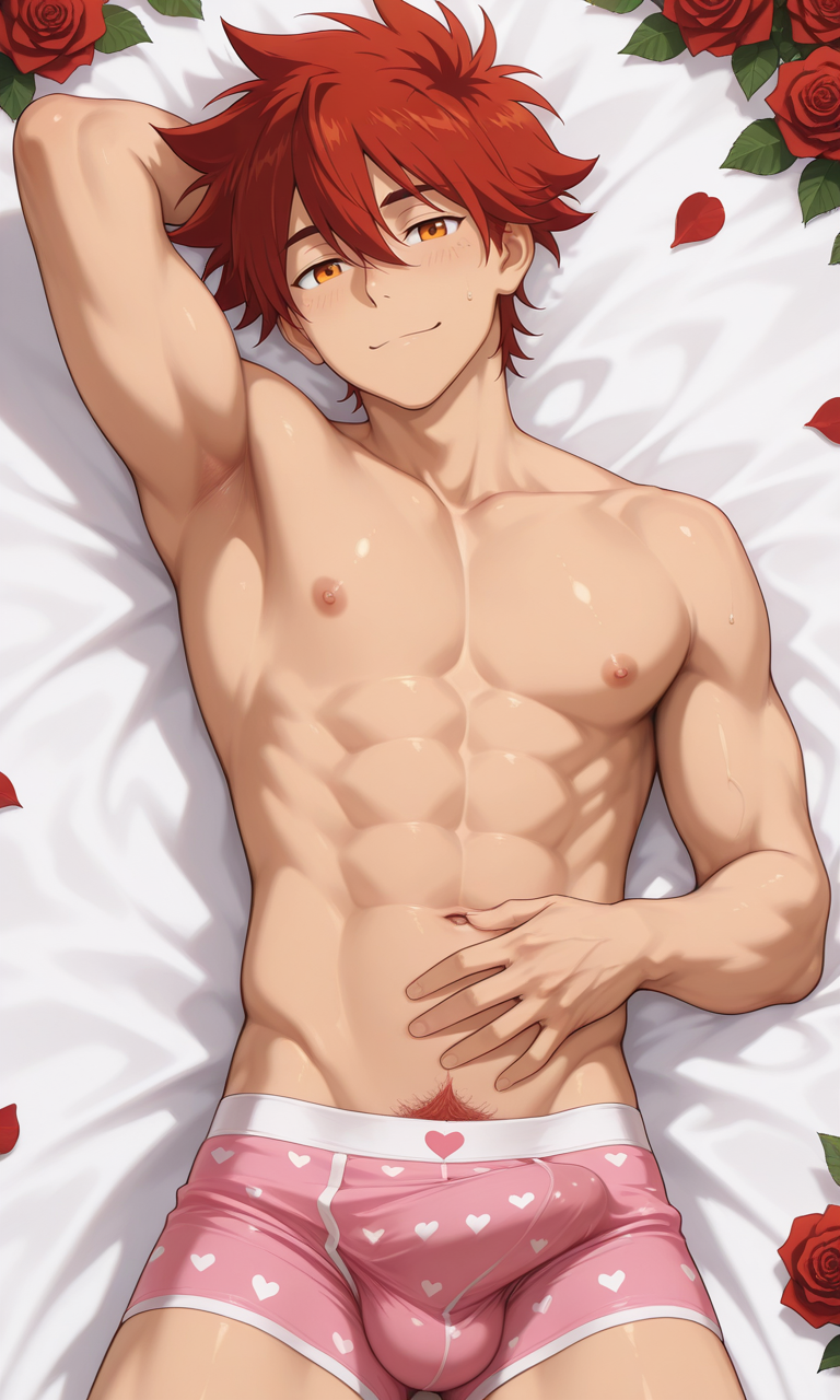1boy abs ai_generated amber_eyes armpits arms_behind_back blush boxer_briefs bsky_link bulge dvxxxgrai gay illustrious_(stable_diffusion) leaves lying lying_on_back male male_only male_underwear navel nipples nude nude_male red_eyes red_male_underwear red_underwear reki_kyan rose_(flower) sk8_the_infinity smile solo tagme toned toned_body toned_male twitter_link underwear valentine's_day yaoi