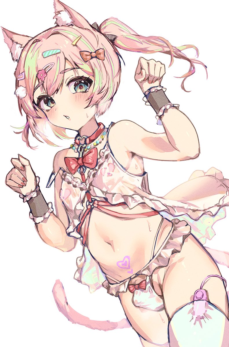 1boy, animal ears, aqua eyes, blush, bra, bulge, cat boy, cat ears, cat tail, crossdressing, femboy, hair ornament, hairclip, heart, heart pasties, heart tattoo, highres, light green hair, long hair, looking at viewer, male focus, multicolored hair, nail polish, navel, original, panties, pasties, paw pose, penis in panties, pink bra, pink hair, pink nails, pink panties, ponytail, pubic tattoo, remote control vibrator, see-through clothes, sex toy, simple background, sissy, stomach, streaked hair, tail, tattoo, thighhighs, underwear, vibrator, vibrator in thighhighs, white background, white thighhighs, wrist cuffs, yoruhachi