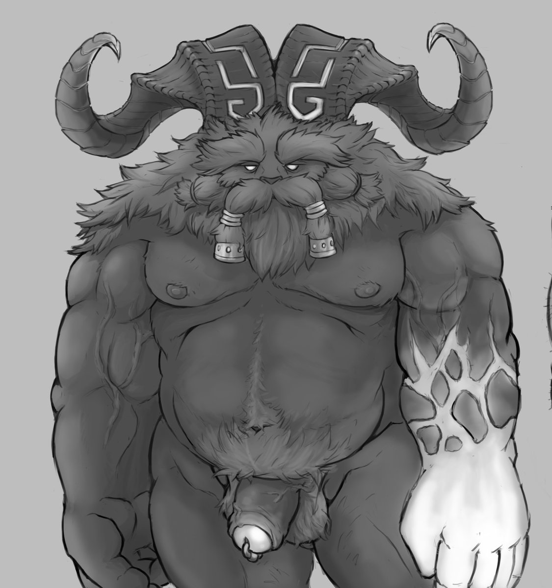 2018 balls biceps facial_hair flaccid galrock genital_piercing greyscale horn league_of_legends male male_only monochrome moustache musclechub muscular ornn pecs penis penis_piercing piercing prince_albert_piercing riot_games video_games