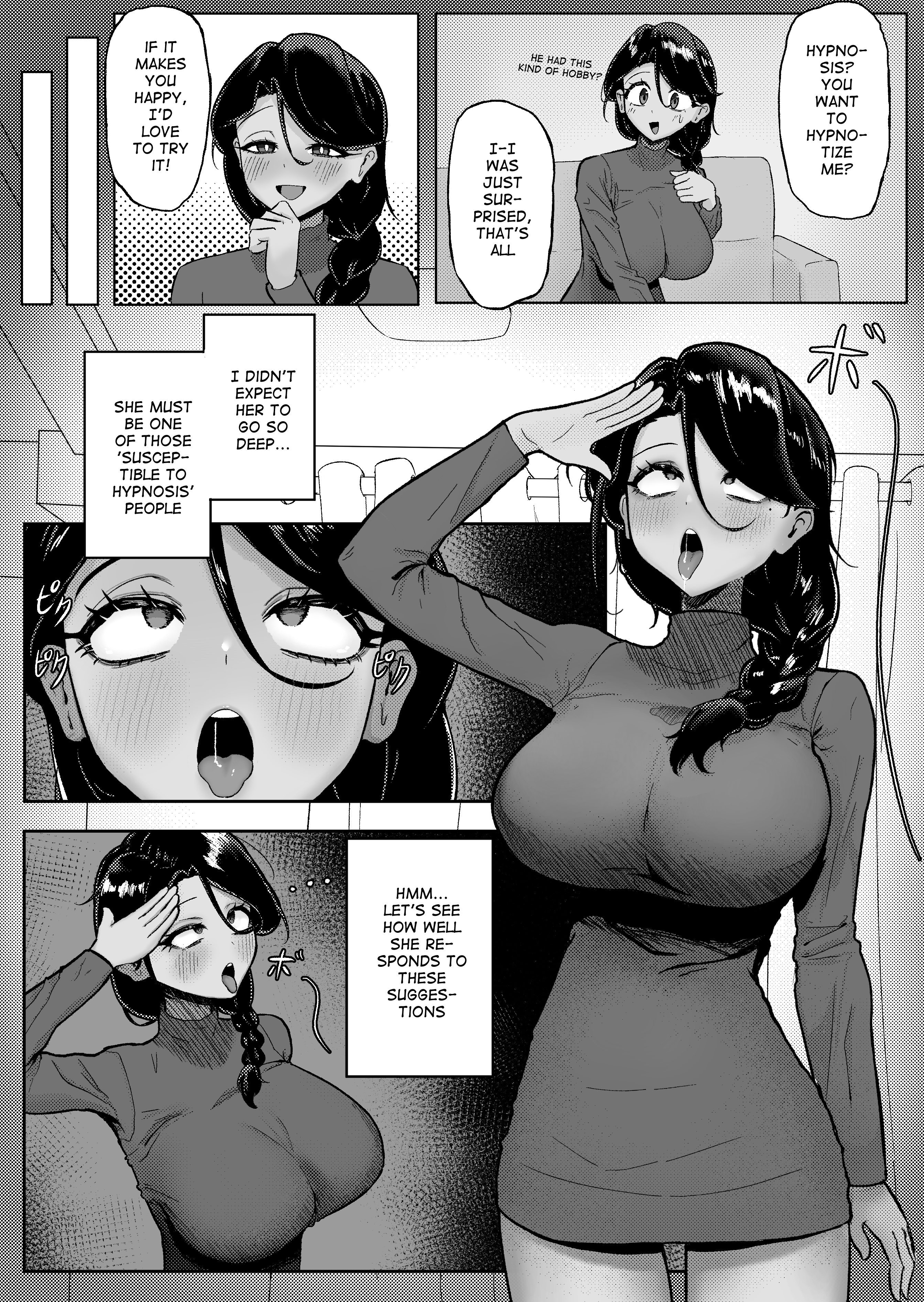 1girls, ahe gao, arbrebonk, black hair, blush, braid, clothing, comic, consensual, consensual hypnosis, dark skin, dark-skinned female, dress, drool, drooling, eye roll, eyeroll, eyes rolling back, female, hypnosis, imminent sex, large breasts, milf, mind control, older female, open mouth, salute, saluting, single braid, smile, smiling, spread legs, standing at attention, sweater, tongue, tongue out, weak resistance