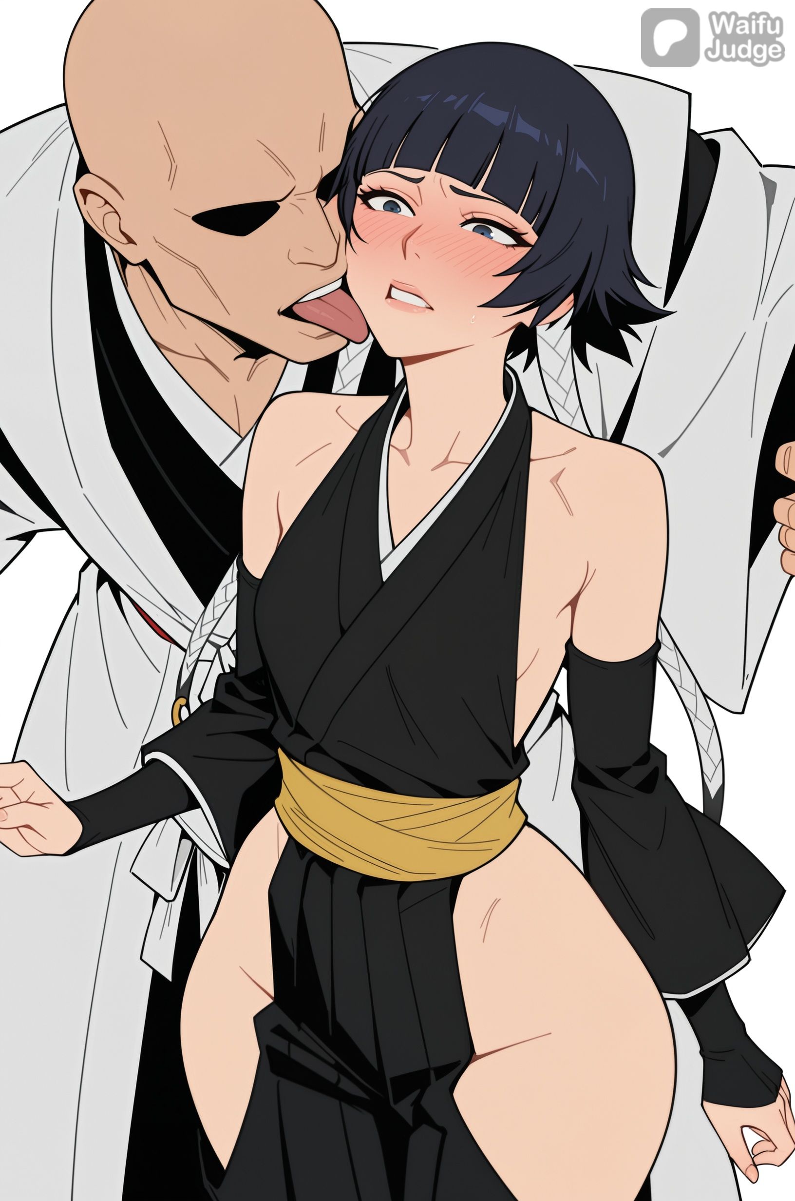 1boy, ai assisted, ai generated, bangs, bare shoulders, black hair, bleach, blue eyes, blunt bangs, blush, breasts, cowboy shot, detached sleeves, eyebrows visible through hair, female, forced, gloves, japanese clothes, kimono, kissing, large breasts, long sleeves, looking at viewer, open mouth, sash, short hair, simple background, smile, soifon, solo focus, straight, sui-feng, sweat, thighs, tongue, waifu judge, white background, wide sleeves