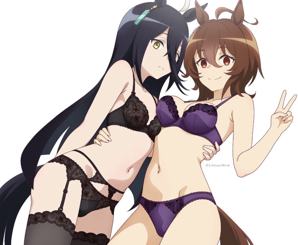 agnes tachyon (umamusume), bangs, black hair, breast to breast, brown hair, garter belt, garter straps, hair between eyes, horse ears, horse tail, hugging, lacy bra, lacy panties, lingerie, long hair, manhattan cafe (umamusume), petite female, small breasts, stockings, umamusume, umamusume pretty derby, umeiart