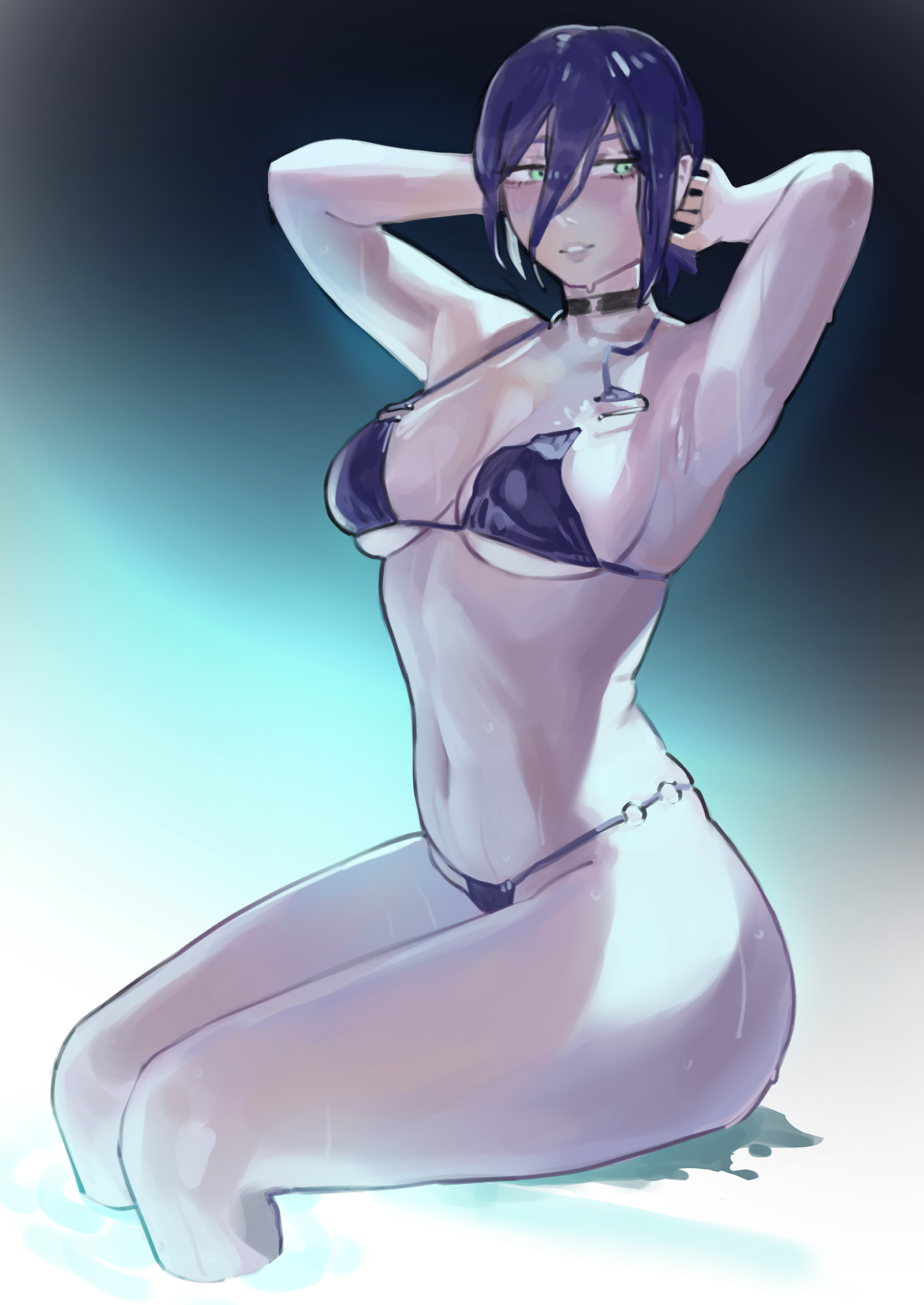 2d, 2d (artwork), armpit fetish, armpits, arms up, bikini top, black hair, black panties, blue eyes, chainsaw man, florida bikini, large ass, large breasts, miaojiangyou, pool, poolside, reze (chainsaw man), water, water drop, wet, wide hips