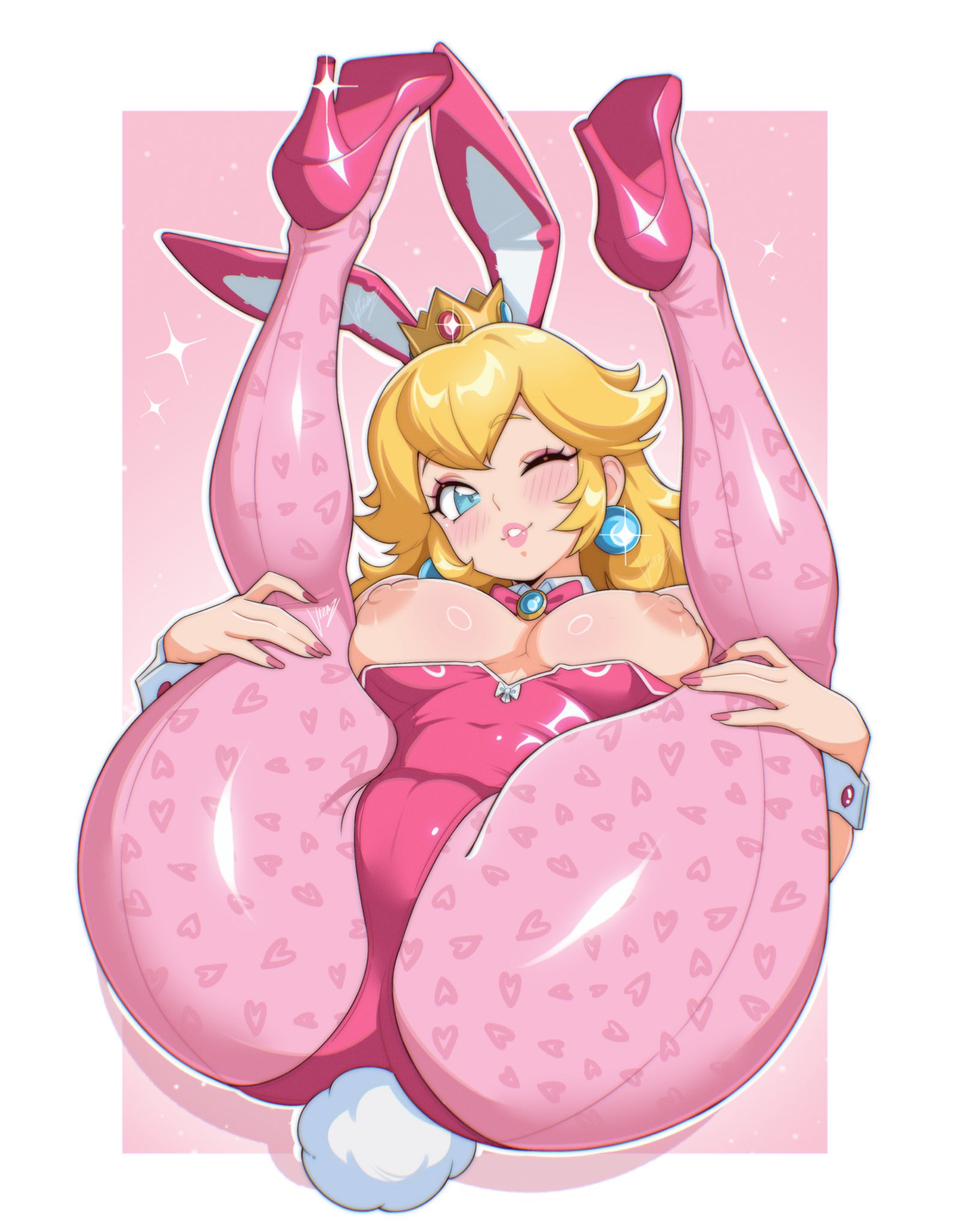 1girls, alternate version available, areolae, ass, big ass, big breasts, big butt, blonde hair, blue eyes, breasts, breasts out, bunny ears, bunny tail, bunnysuit, crown, exposed breasts, fake animal ears, fake tail, female, female only, footwear, hair, headwear, heels, high heels, legs above head, legs up, legwear, lips, long hair, mario (series), nintendo, nipples, one eye closed, parted lips, pink bunnysuit, pink leggings, pink nail polish, pink nails, princess peach, raised legs, smile, solo, solo female, sparkles, tail, thick thighs, thighhighs, thighs, vizaz, wink, winking, wrist cuffs