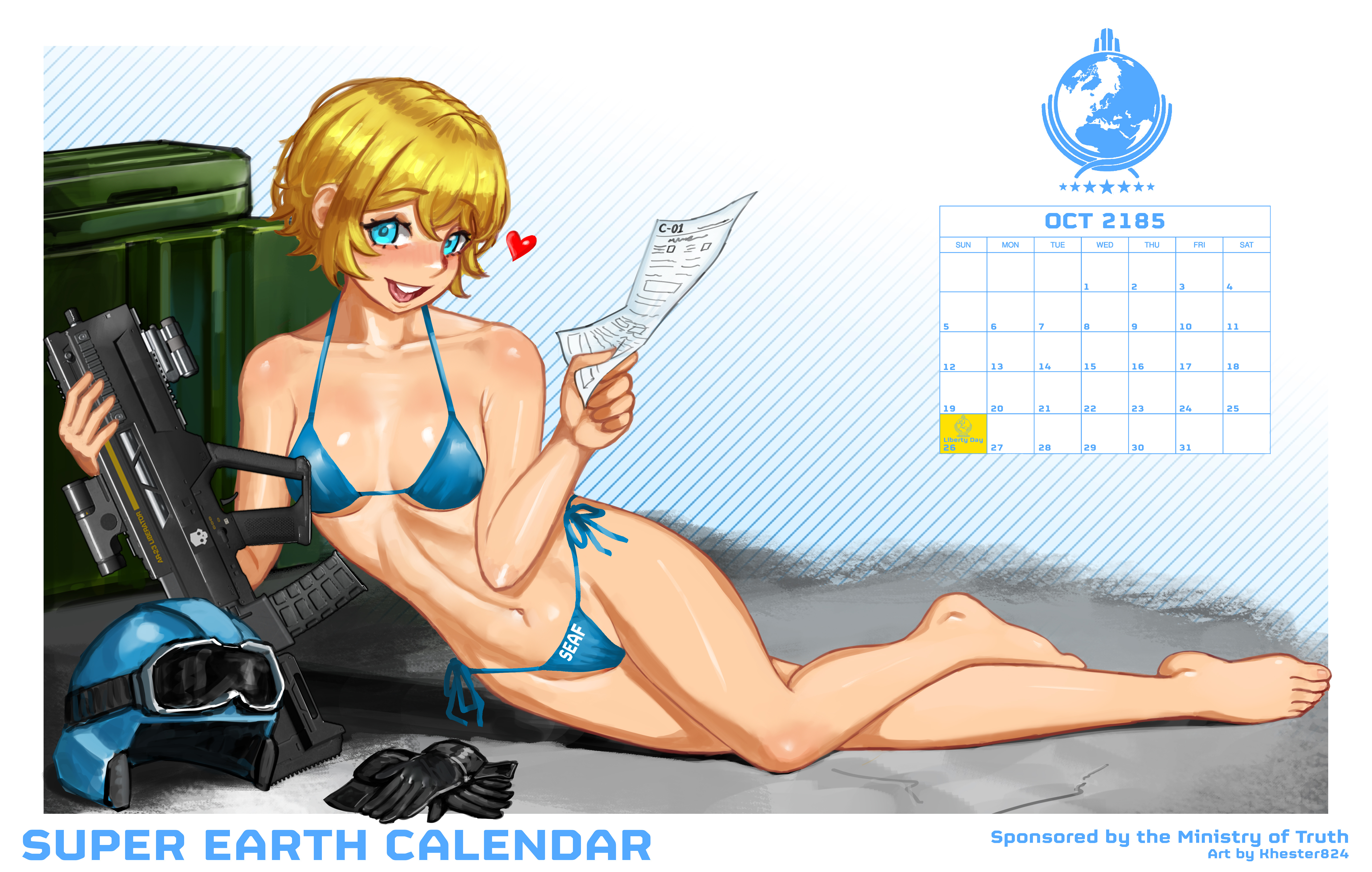 bikini, blonde female, blonde hair, blue eyes, c-01 permit, calendar (medium), calender, feet, female, helldivers, helldivers 2, inviting, khester824, october (month), seaf soldier (helldivers), seaf-chan, smile, smiling, smiling at viewer