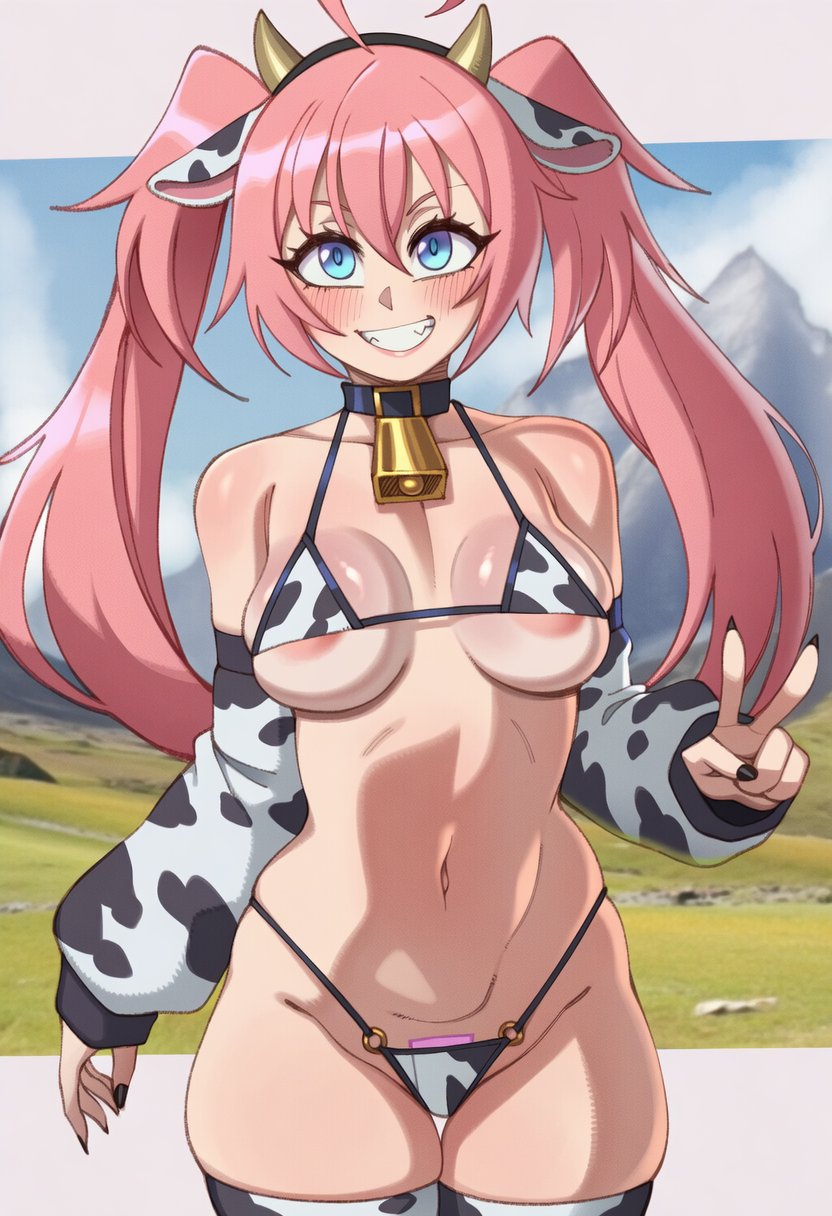 ai generated, blush, choker collar, cow bikini, female, female only, micro bikini, milim nava, nipples visible through clothing, peace sign, petite body, petite female, plainvirgo, shortstack, small breasts, tensei shitara slime datta ken, thick, thick ass, thick hips, thick legs, thick thighs