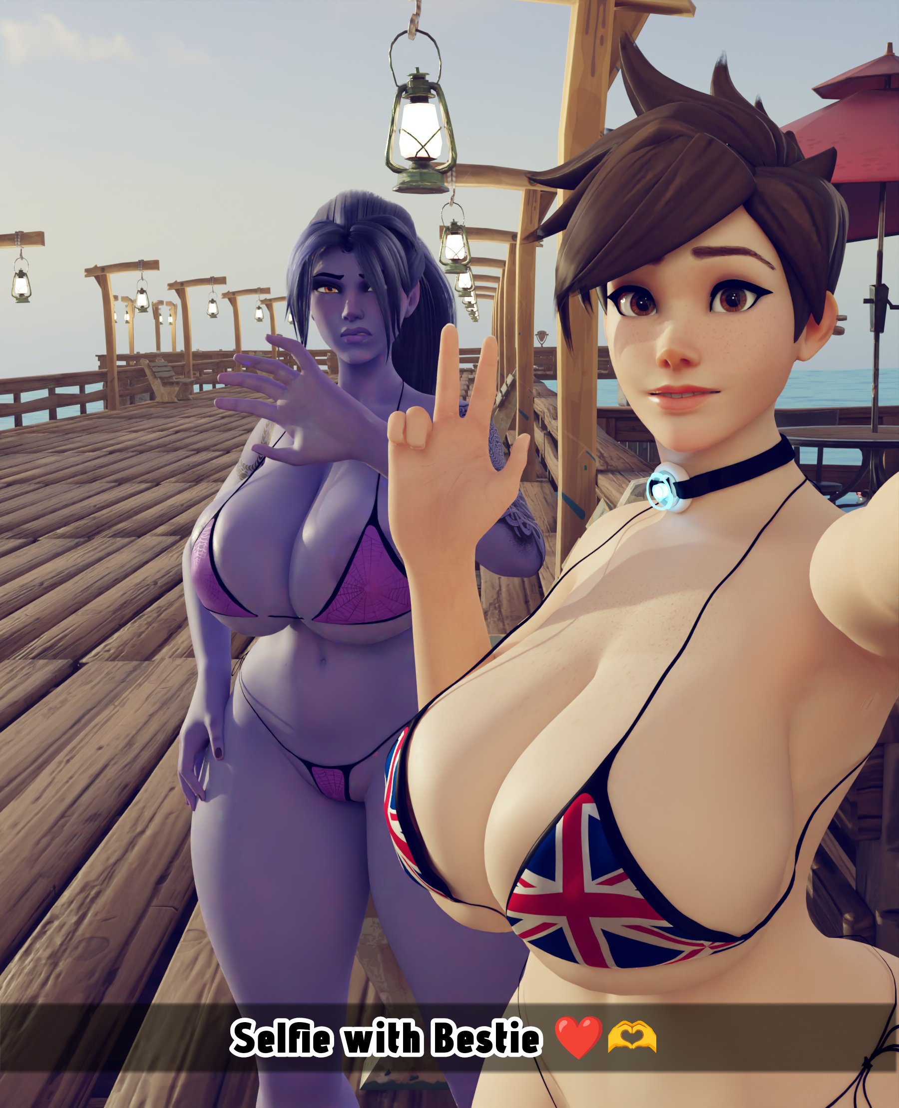 2girls, 3d, alternate breast size, alternate breast size (larger), bikini, breasts, brown hair, cleavage, eyeliner, female, female only, huge breasts, large breasts, makeup, multiple girls, navel, outdoors, overwatch, ponytail, purple hair, purple skin, scrag boy (model), scrag tracer, scrag widowmaker, selfie, standing, superhentaimaster9000, swimsuit, thick thighs, thighs, tracer, union jack, widowmaker