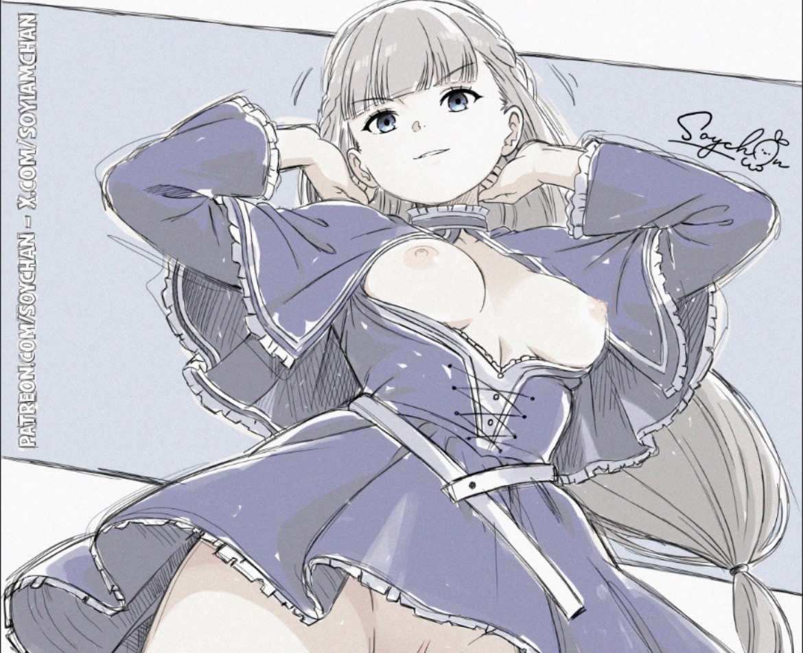 1girls, bare breasts, bottomless, braided hair, bratty, breasts, breasts out, exposed breasts, exposed pussy, female, female only, grey hair, hands behind head, lawine (sousou no frieren), long hair, no bra, no panties, open dress, partially visible vulva, petite female, pink nipples, pink pussy, pussy peek, small breasts, sousou no frieren, soyiamchan, teenage female, teenage girl, teenager, vulva