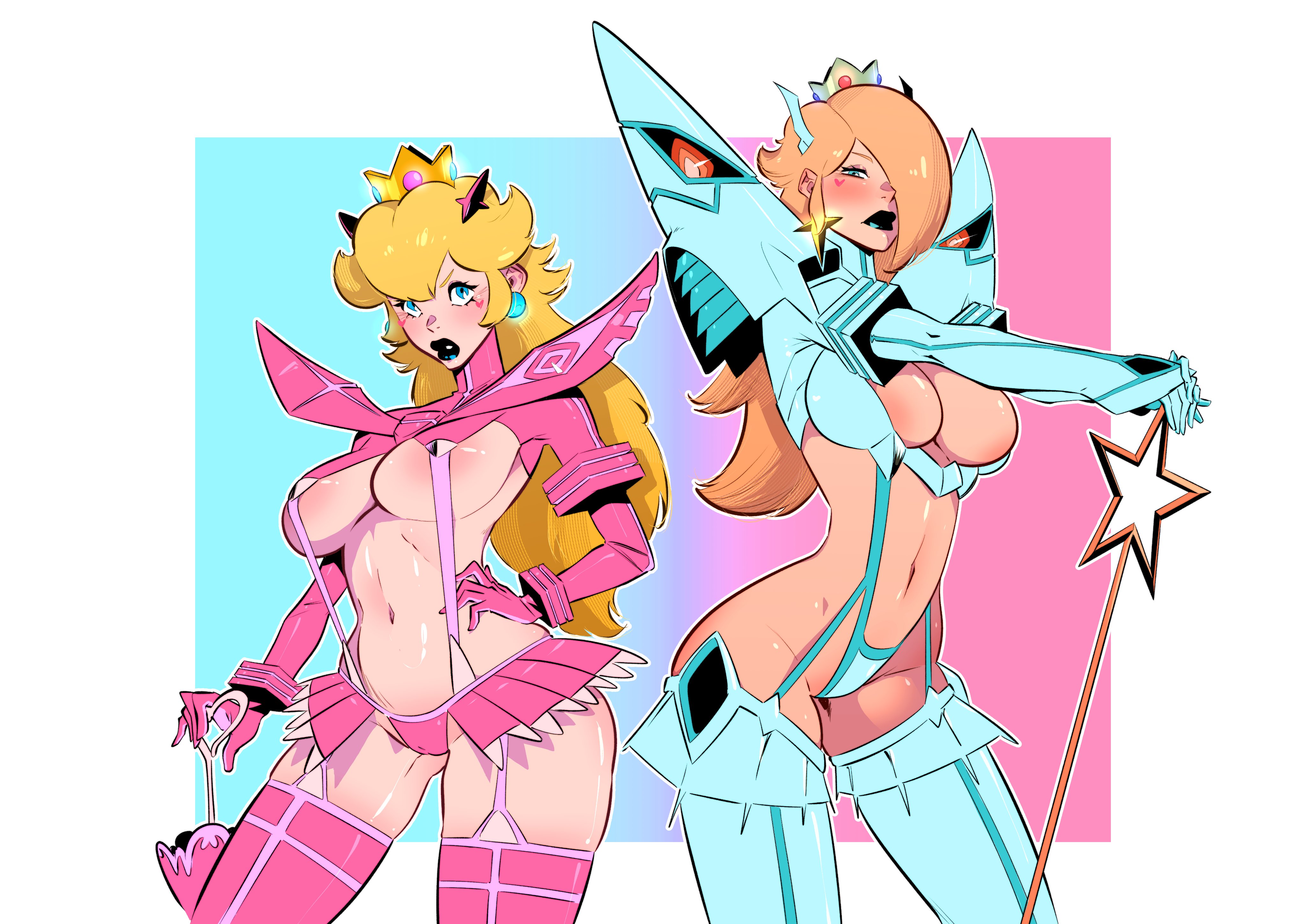2girls, alternate version available, big breasts, black lipstick, blonde hair, blue eyes, breasts, cameltoe, cleavage, cosplay, female, female only, hair over one eye, huge breasts, junketsu (cosplay), kill la kill, kiryuuin satsuki (cosplay), large breasts, lipstick, long hair, makeup, mario (series), matoi ryuuko (cosplay), multiple girls, nintendo, pandarojoart, princess peach, princess rosalina, revealing clothes, senketsu (cosplay), sisters, skimpy clothes, skindentation, super mario galaxy
